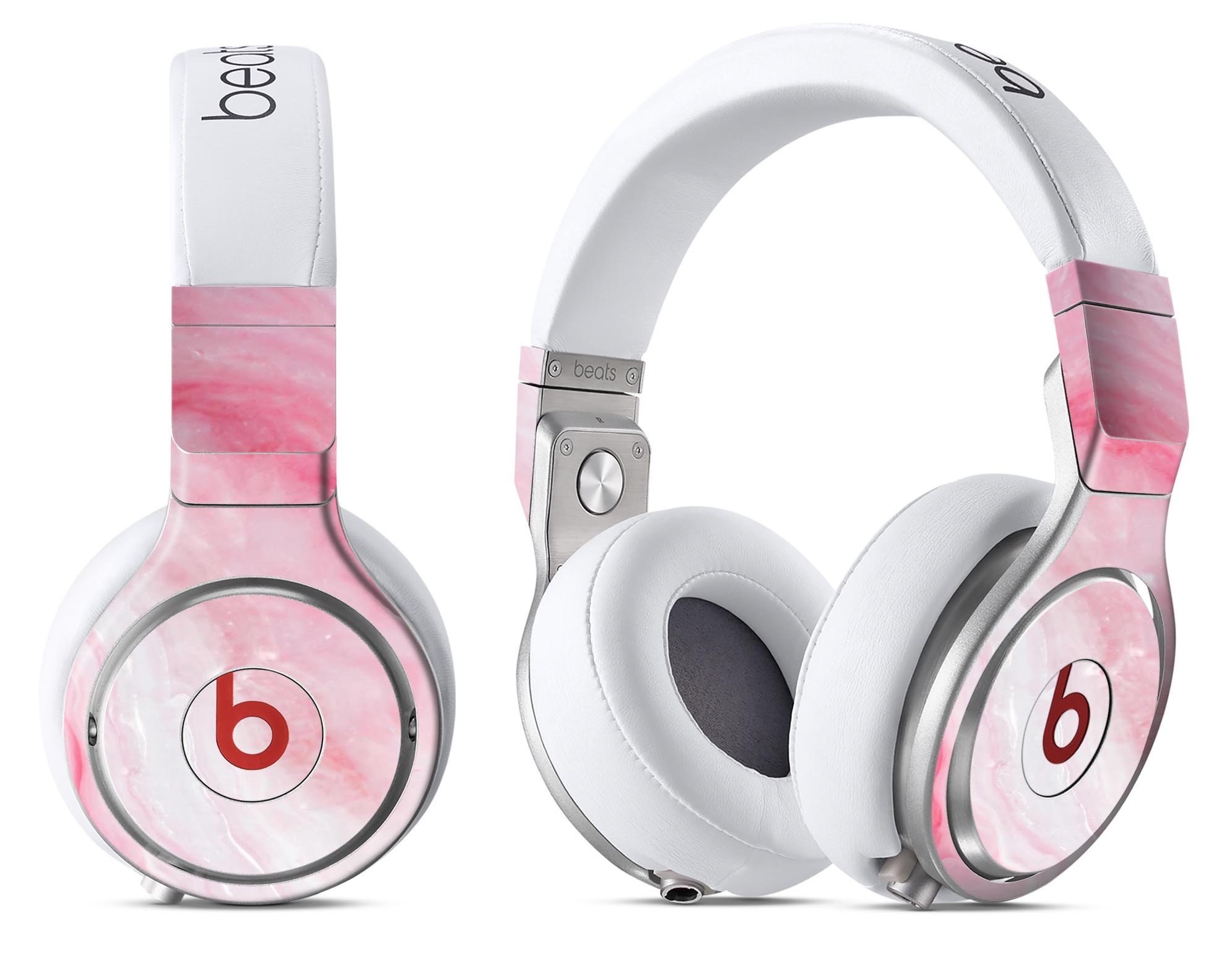 Marbleized Pink Paradise V6 skin decal wrap kit for Beats, showcasing a stylish pink marble design that fits snugly on headphones.