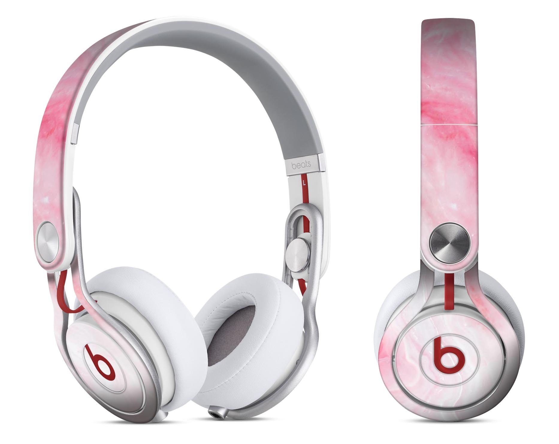 Marbleized Pink Paradise V6 skin decal wrap kit for Beats, showcasing a stylish pink marble design that fits snugly on headphones.