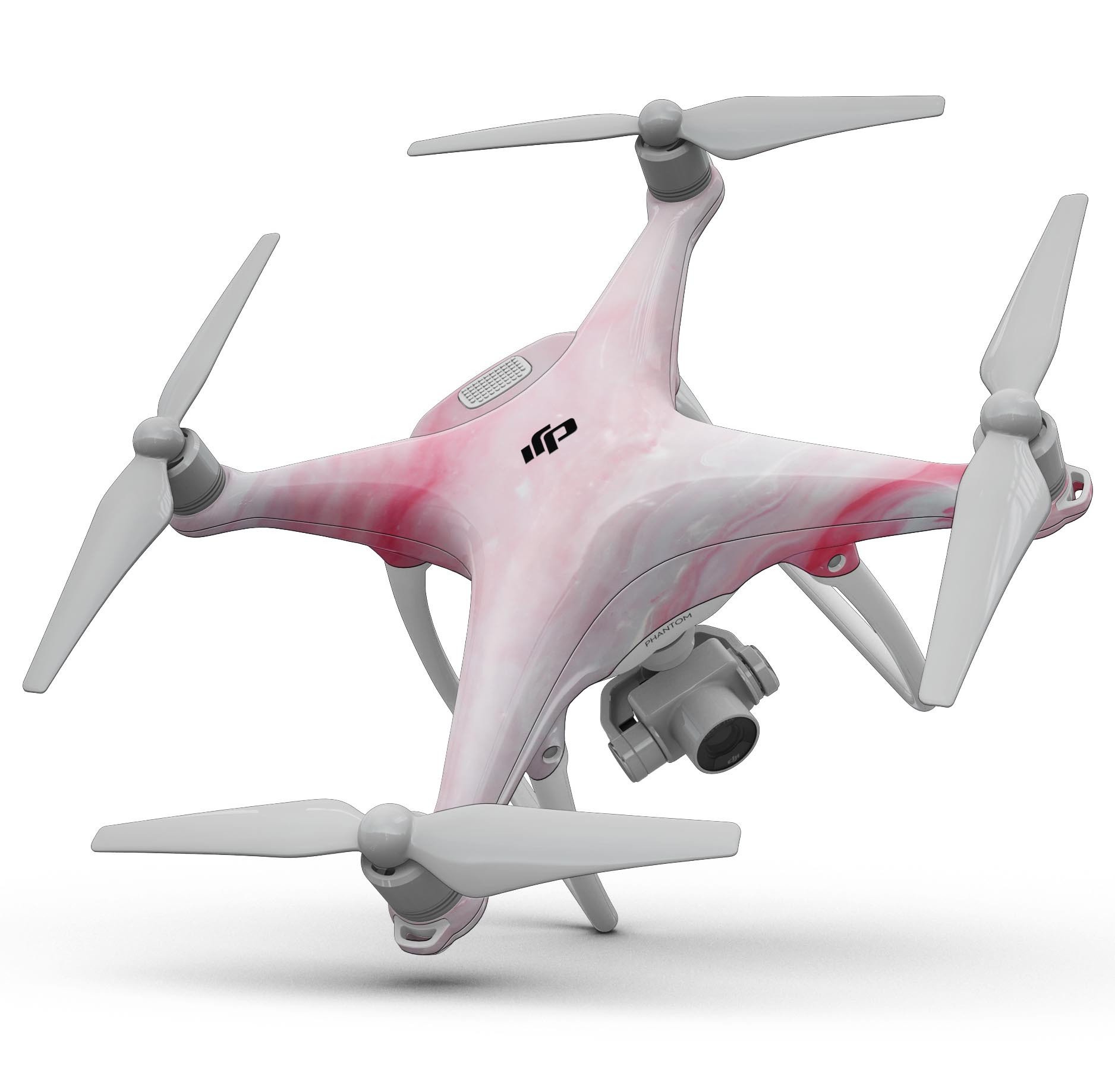 Marbleized Pink Paradise V6 Full-Body Skin Kit for DJI Phantom 4, showcasing a vibrant pink marble design with a glossy finish.