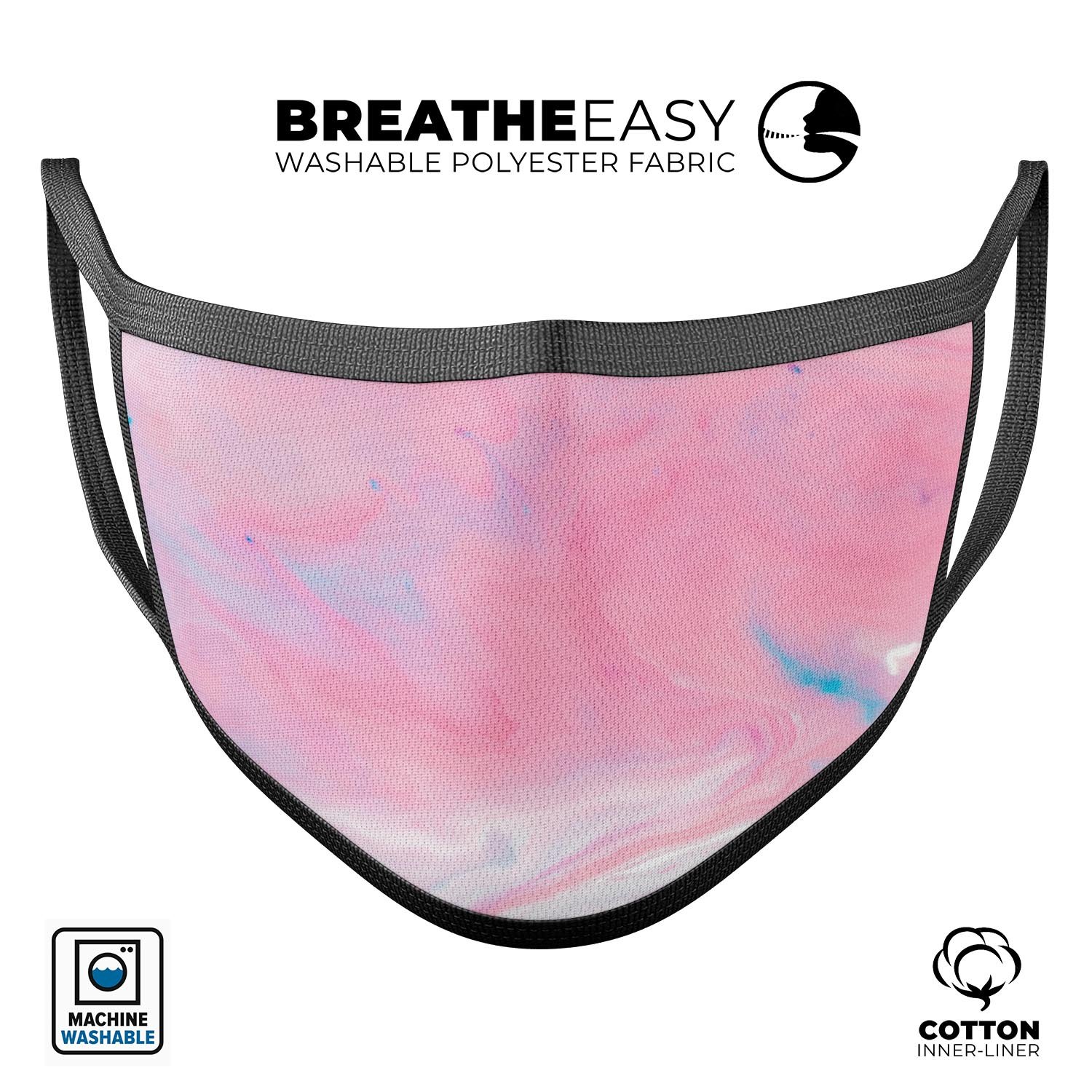 Marbleized Pink Paradise V7 mouth cover, featuring a vibrant pink design, adjustable ear loops, and made from soft cotton material.