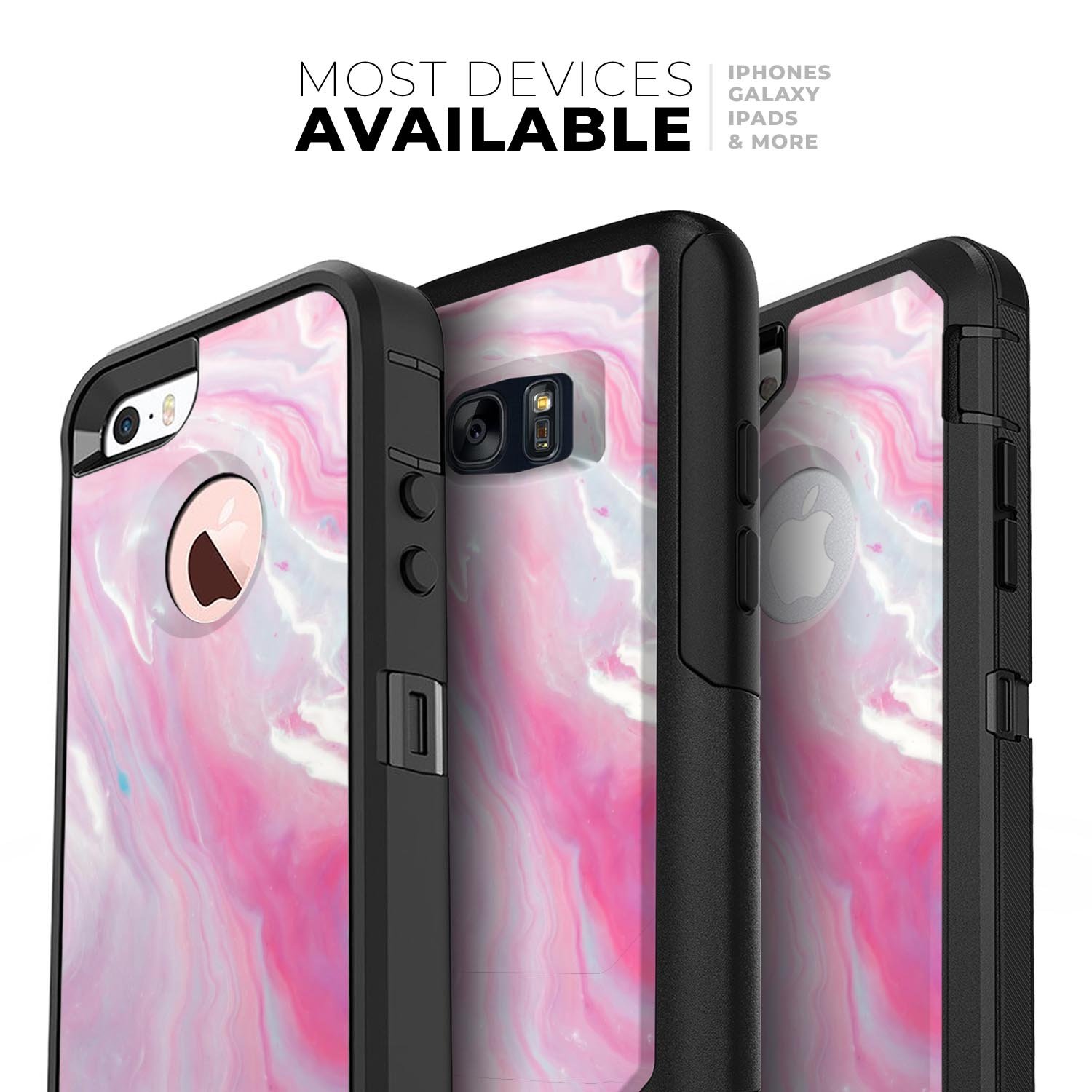 Marbleized Pink Paradise V8 Skin Kit for iPhone OtterBox Cases, showcasing a vibrant pink marble design with a sleek finish.