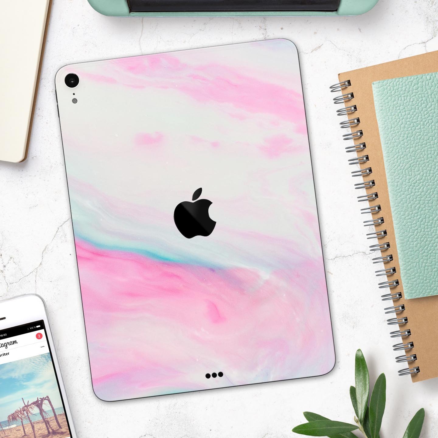 Marbleized Soft Pink Full Body Skin Decal for Apple iPad Pro, showcasing its elegant design and premium finish.