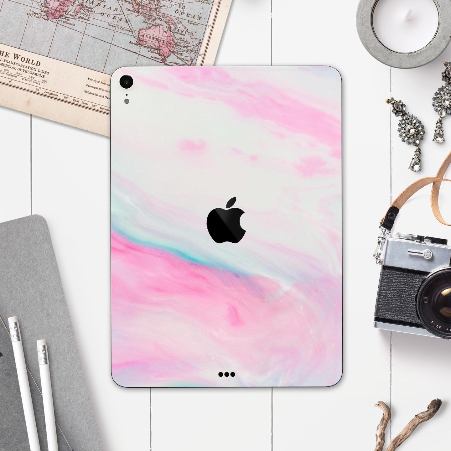 Marbleized Soft Pink Full Body Skin Decal for Apple iPad Pro, showcasing its elegant design and premium finish.