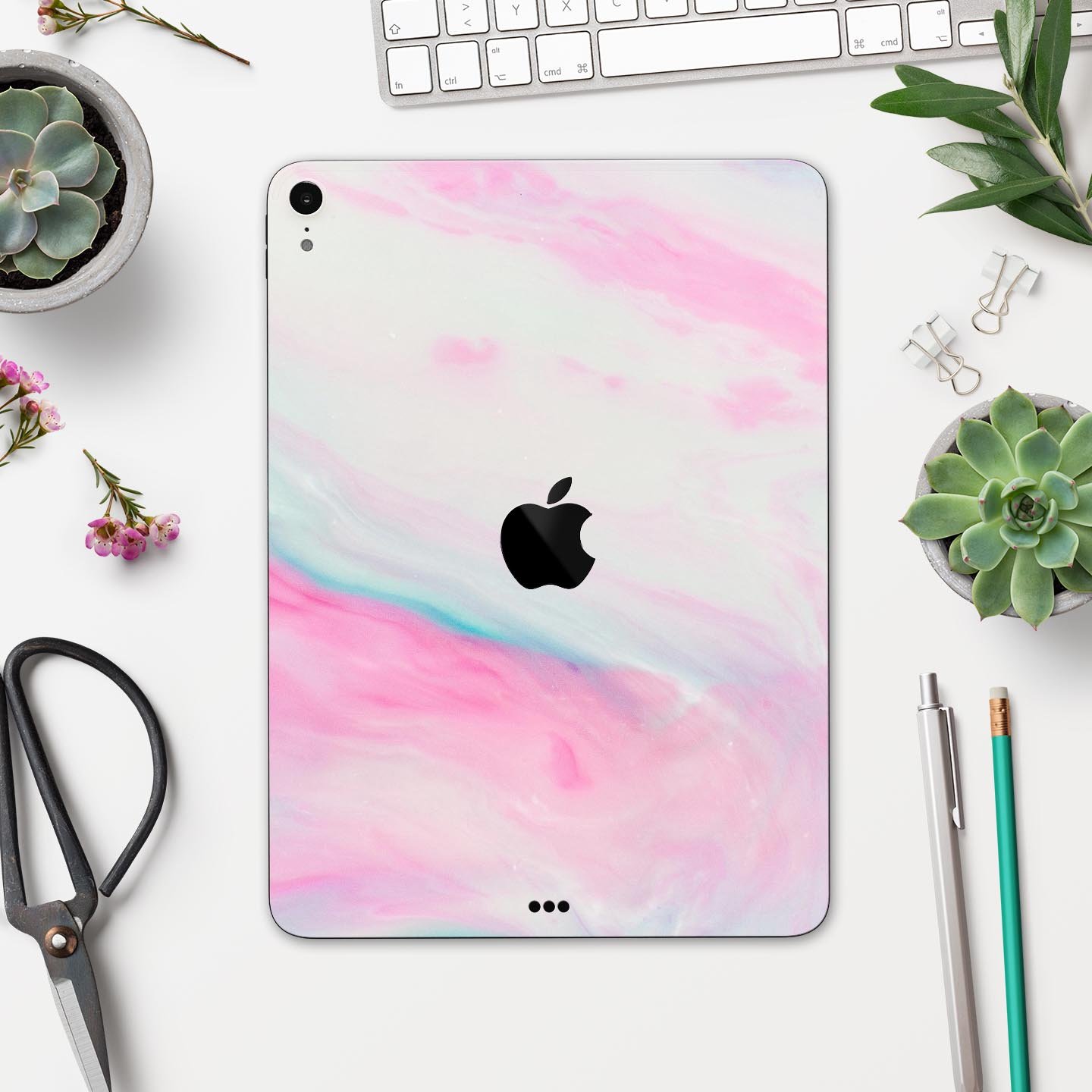 Marbleized Soft Pink Full Body Skin Decal for Apple iPad Pro, showcasing its elegant design and premium finish.