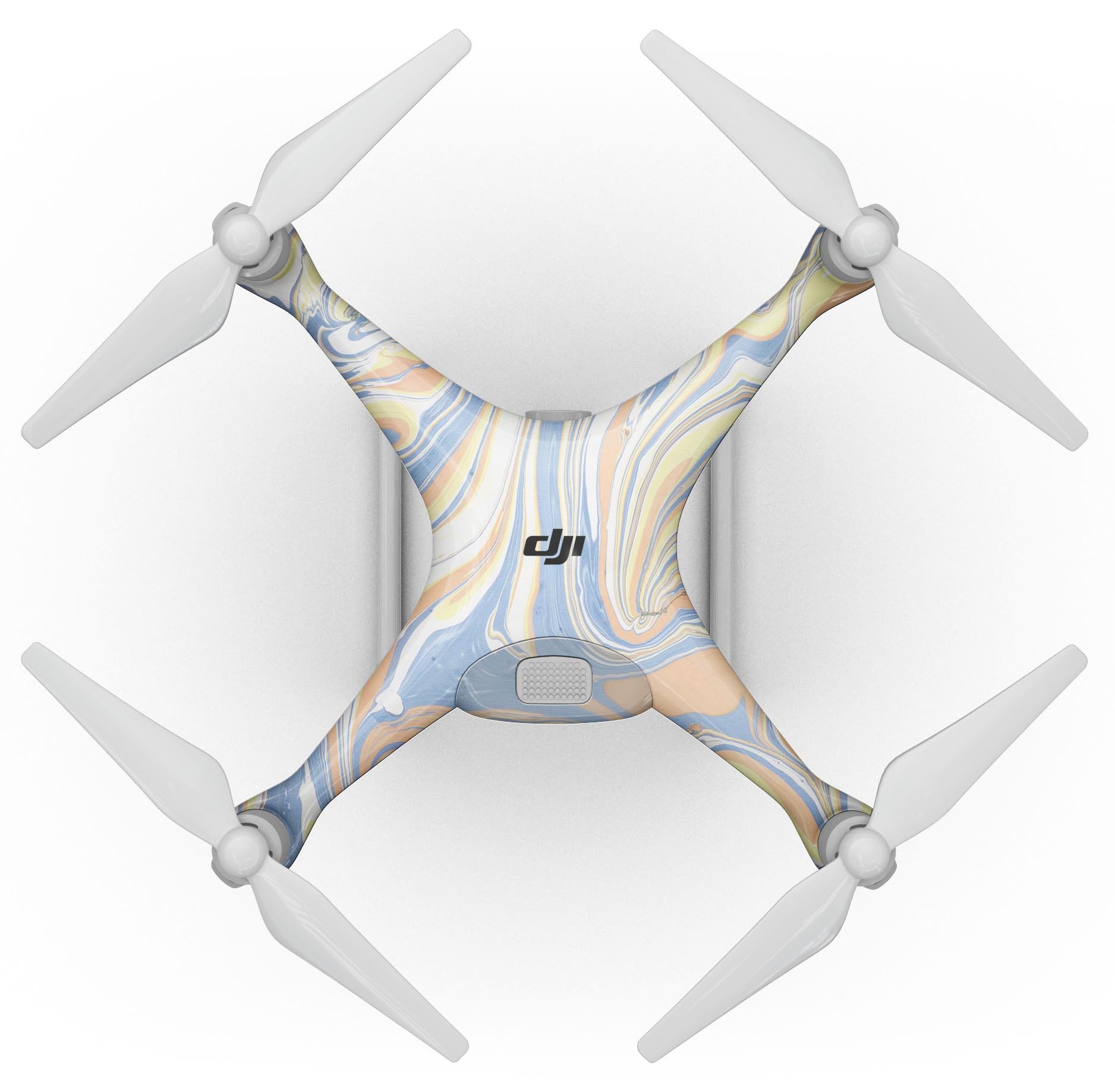 Marbleized Swirling Blue and Gold Full-Body Skin Kit for DJI Phantom 4 Drone, showcasing a vibrant and stylish design.