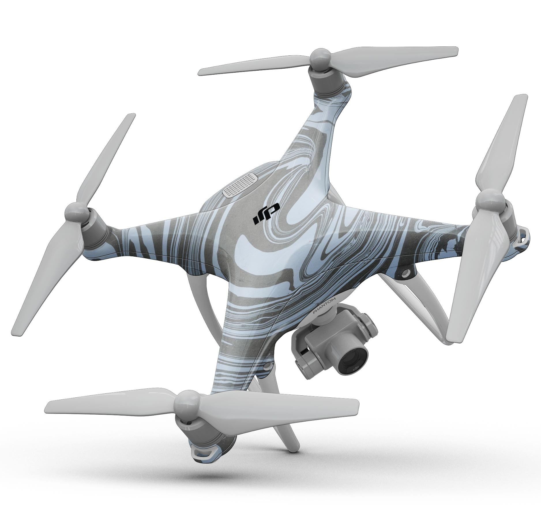 Marbleized Swirling Blue and Gray Full-Body Skin Kit for DJI Phantom 4 Drone, showcasing its unique design and precision fit.