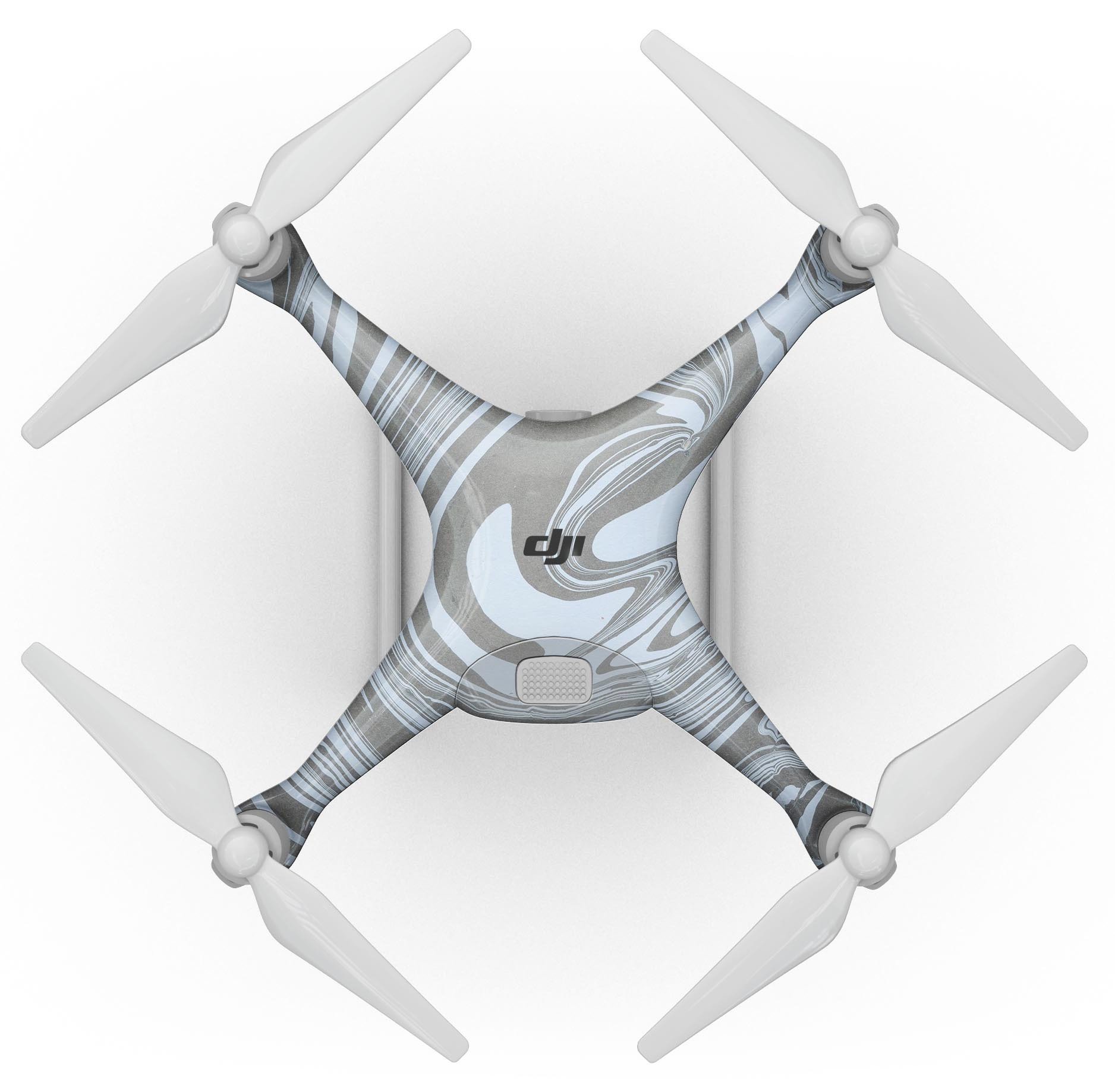 Marbleized Swirling Blue and Gray Full-Body Skin Kit for DJI Phantom 4 Drone, showcasing its unique design and precision fit.