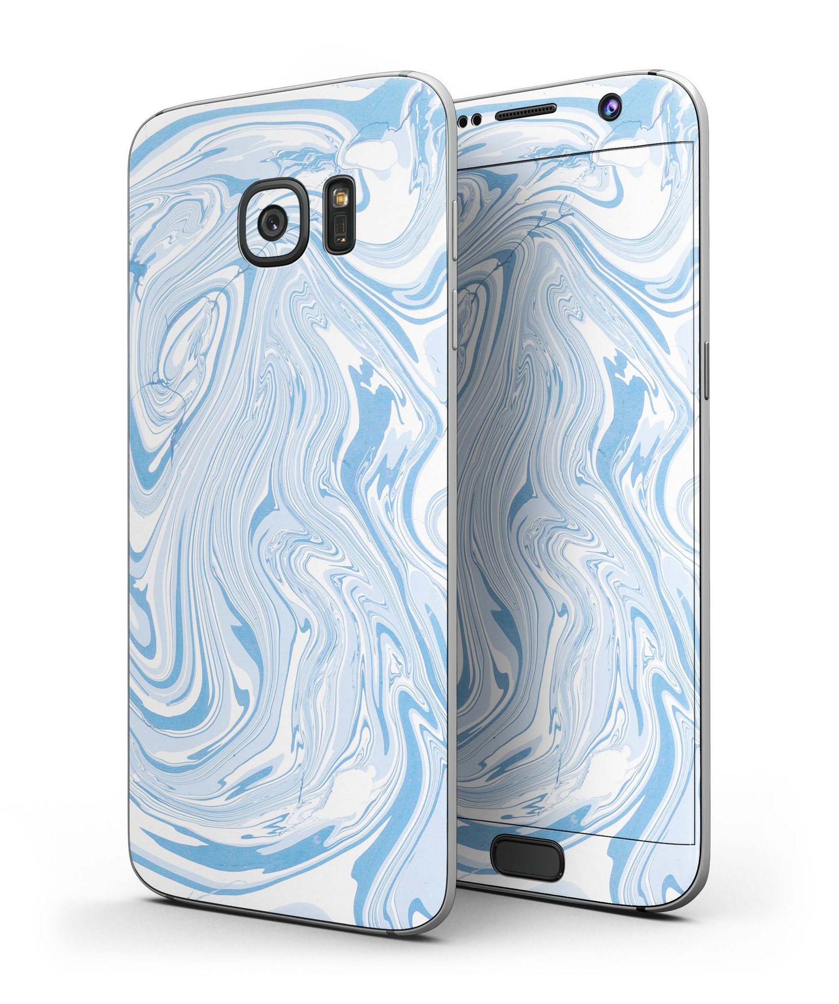 Marbleized Swirling Blues skin kit for Samsung Galaxy S7 and S7 Edge, showcasing vibrant blue swirls on premium vinyl.