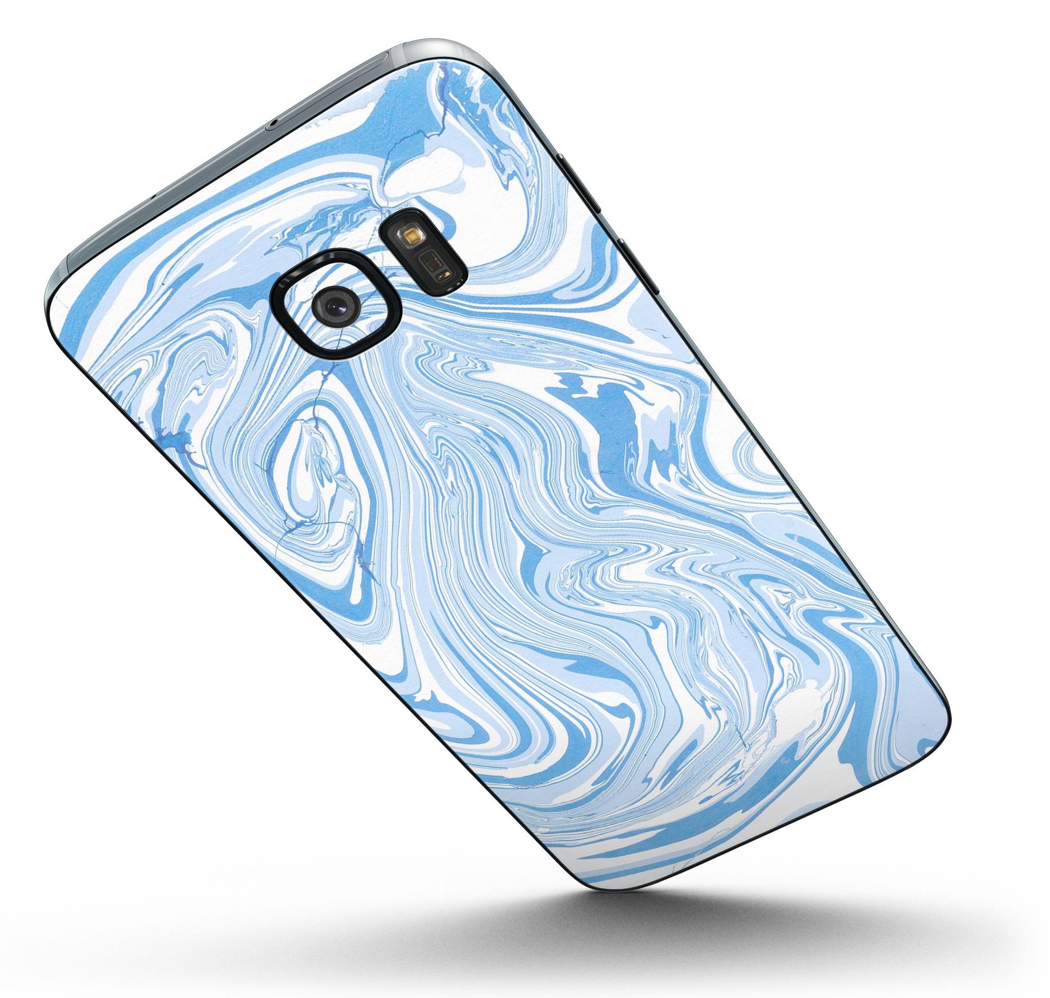 Marbleized Swirling Blues skin kit for Samsung Galaxy S7 and S7 Edge, showcasing vibrant blue swirls on premium vinyl.