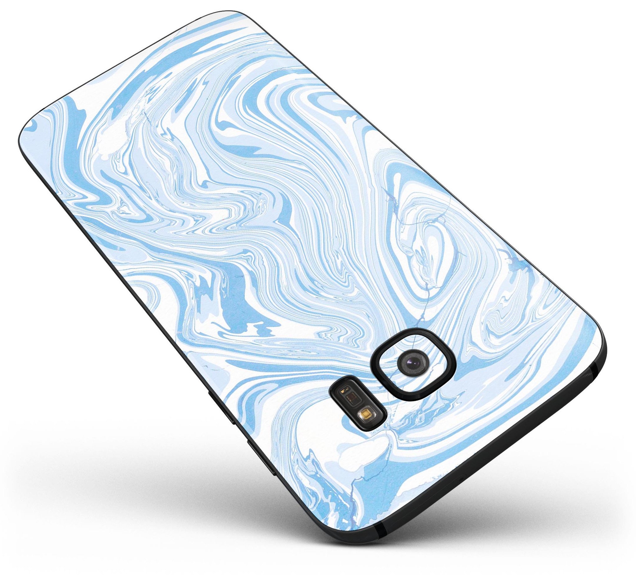 Marbleized Swirling Blues skin kit for Samsung Galaxy S7 and S7 Edge, showcasing vibrant blue swirls on premium vinyl.