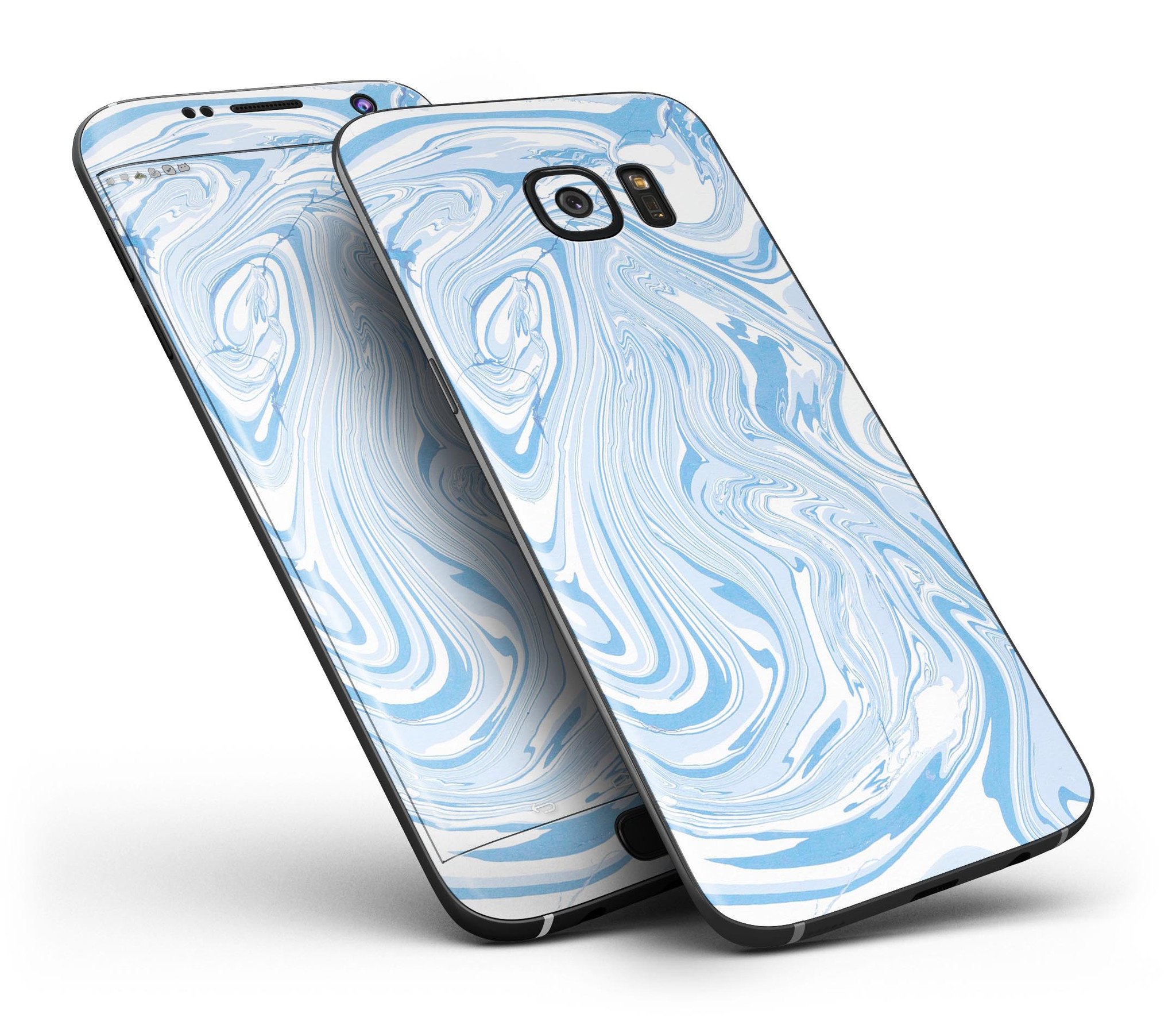 Marbleized Swirling Blues skin kit for Samsung Galaxy S7 and S7 Edge, showcasing vibrant blue swirls on premium vinyl.