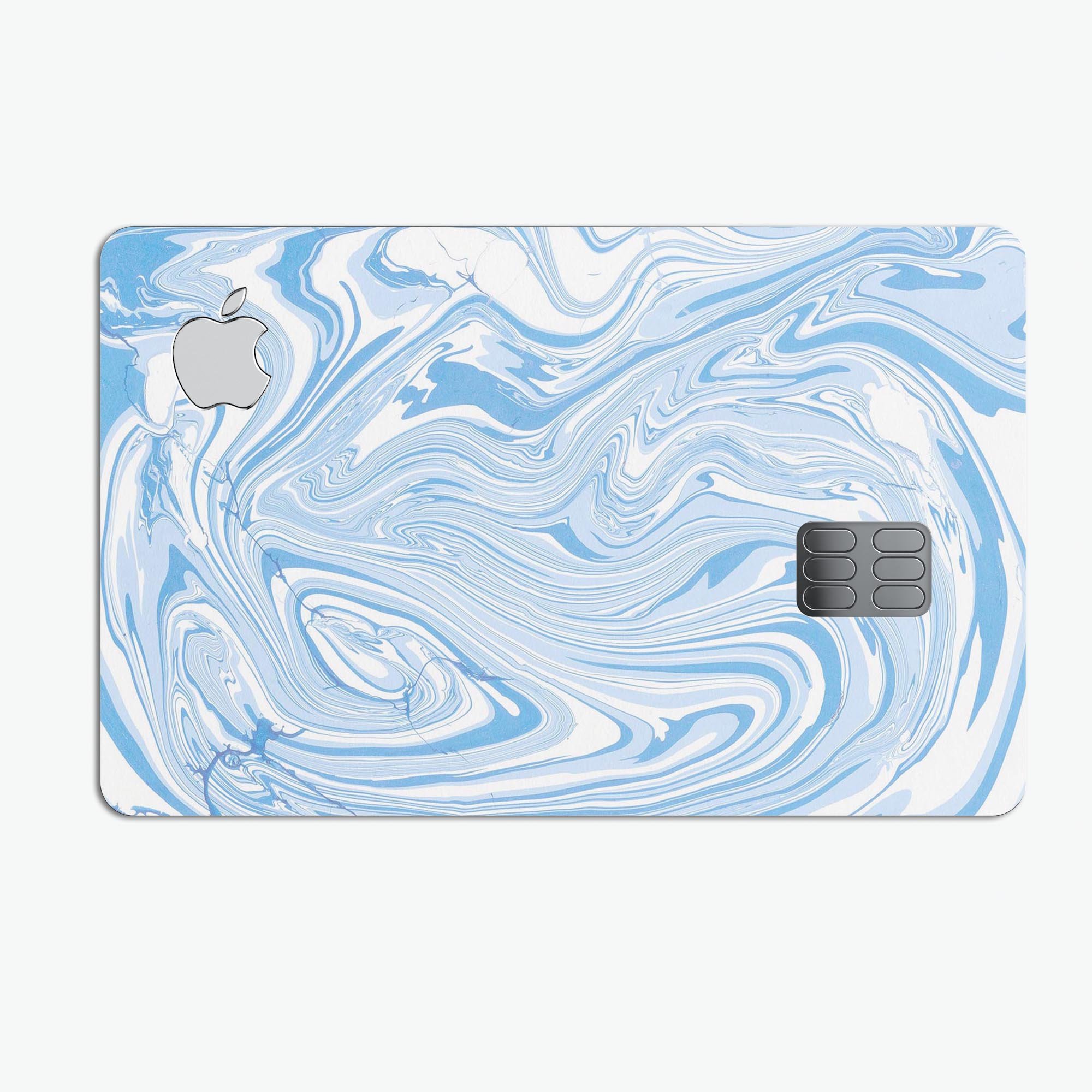 Marbleized Swirling Blues decal skin-kit for Apple Card, showcasing a vibrant blue and white design with a glossy finish.