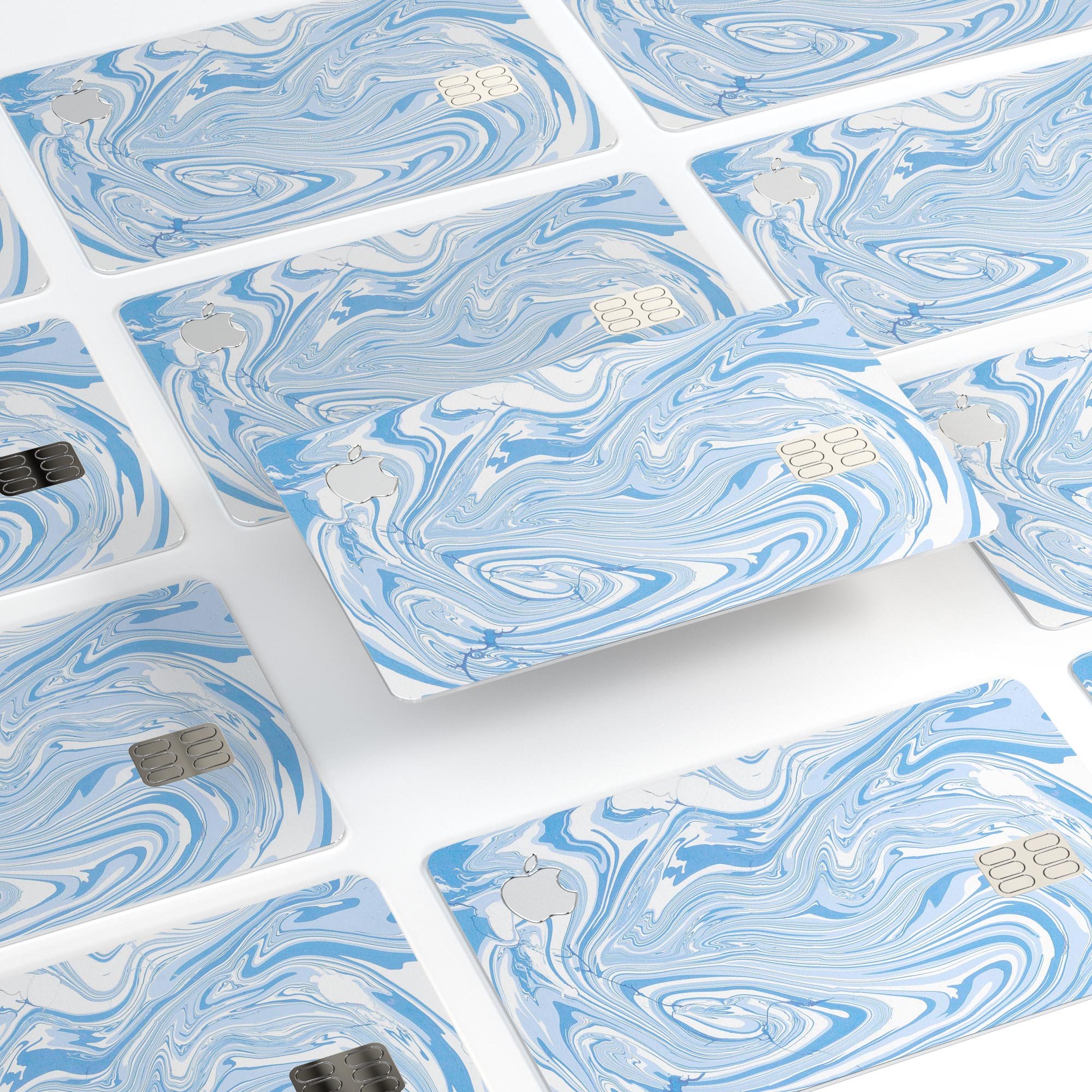 Marbleized Swirling Blues decal skin-kit for Apple Card, showcasing a vibrant blue and white design with a glossy finish.