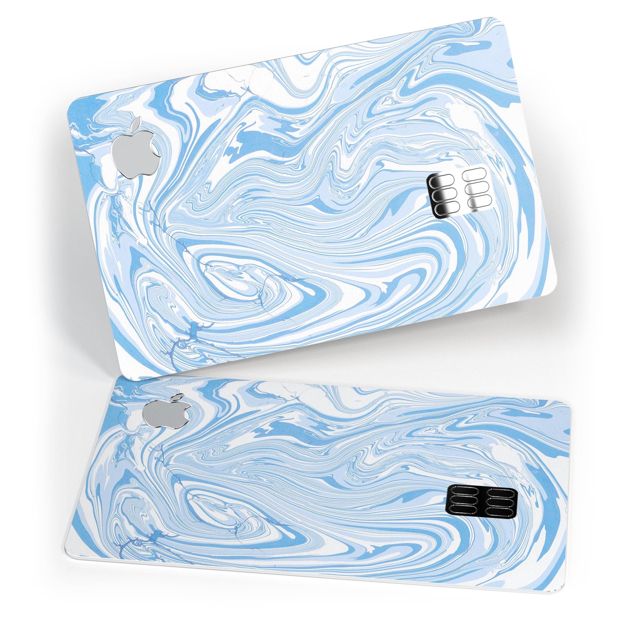 Marbleized Swirling Blues decal skin-kit for Apple Card, showcasing a vibrant blue and white design with a glossy finish.