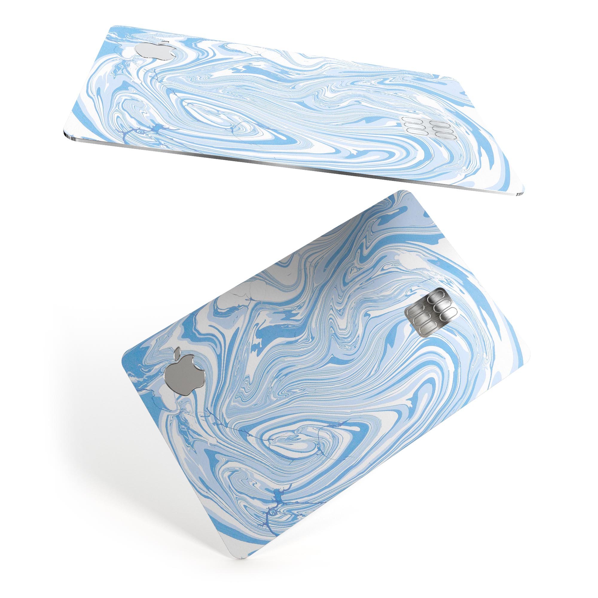 Marbleized Swirling Blues decal skin-kit for Apple Card, showcasing a vibrant blue and white design with a glossy finish.