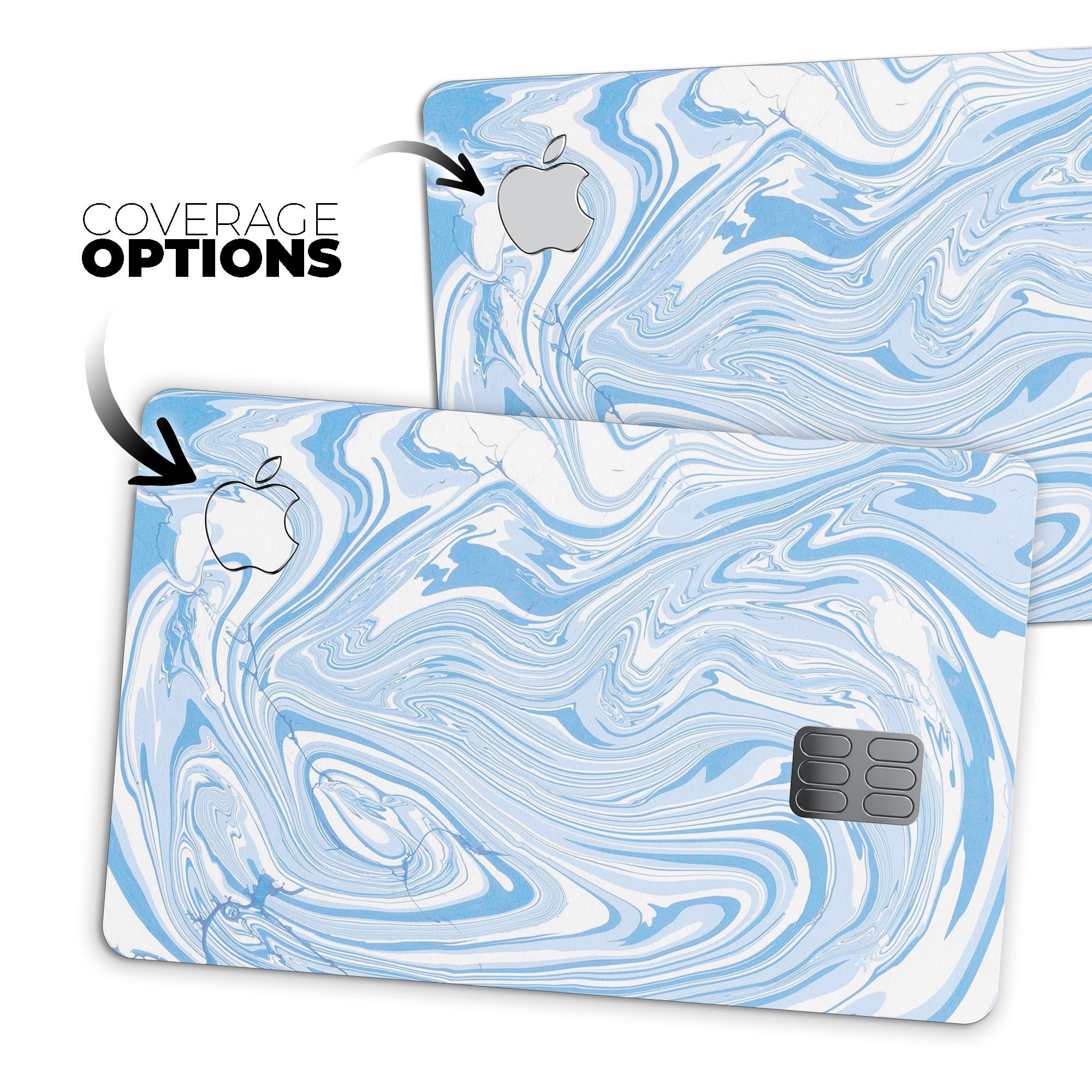 Marbleized Swirling Blues decal skin-kit for Apple Card, showcasing a vibrant blue and white design with a glossy finish.