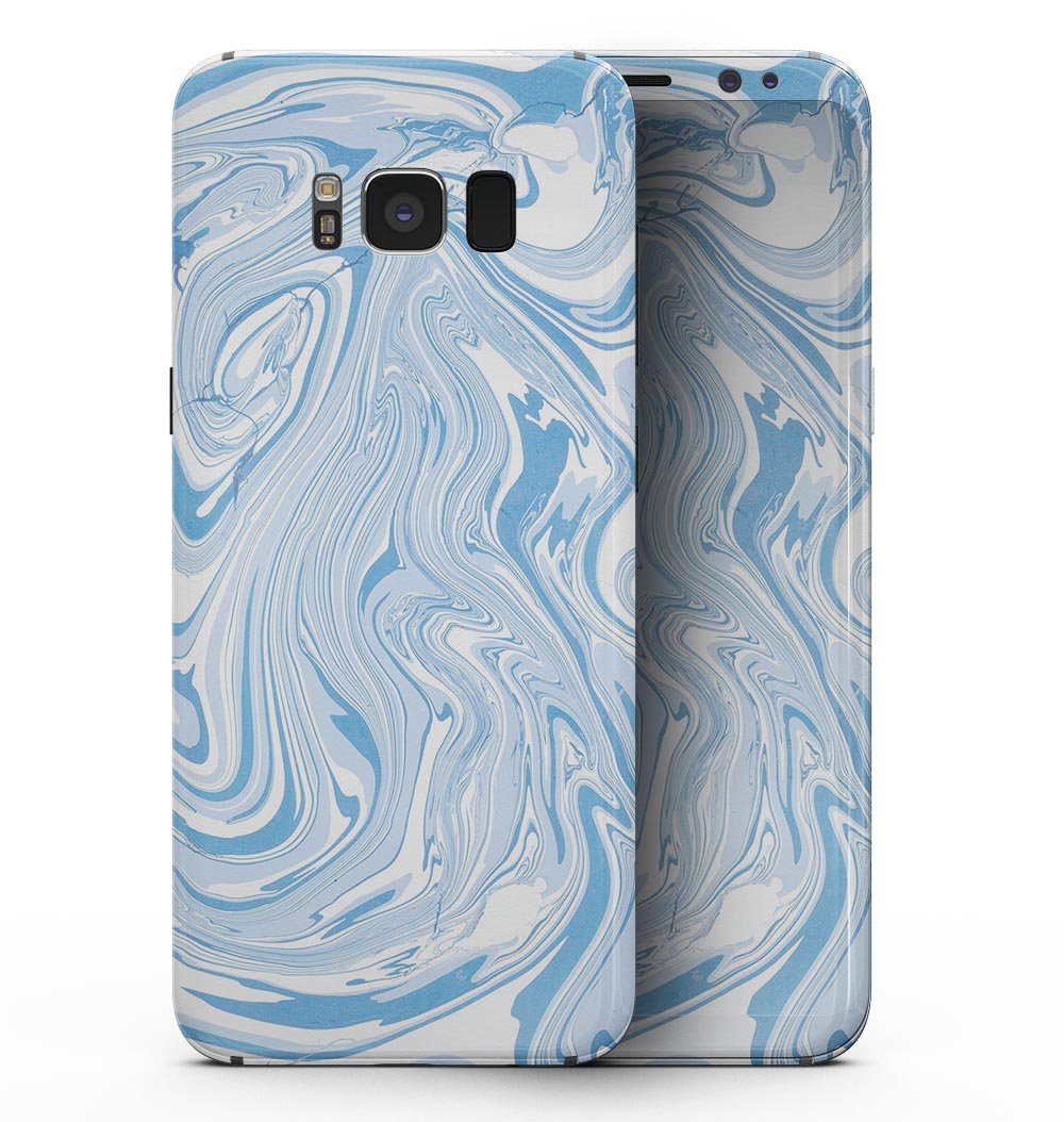 Marbleized Swirling Blues skin kit for Samsung Galaxy S8, showcasing vibrant blue swirls on a sleek vinyl surface.