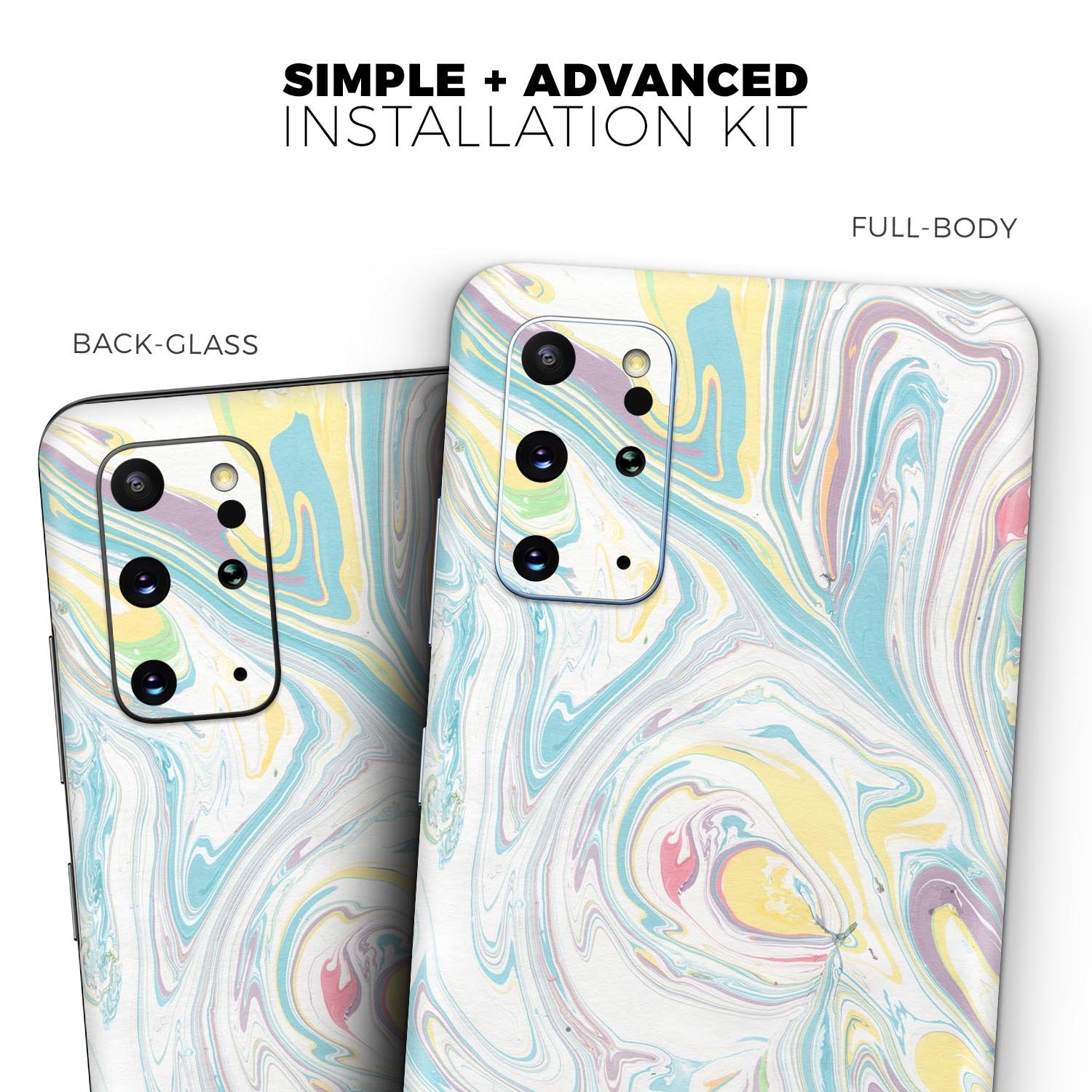 Marbleized Swirling Candy Colors Skin-Kit for Samsung Galaxy S20, showcasing vibrant colors and sleek design.