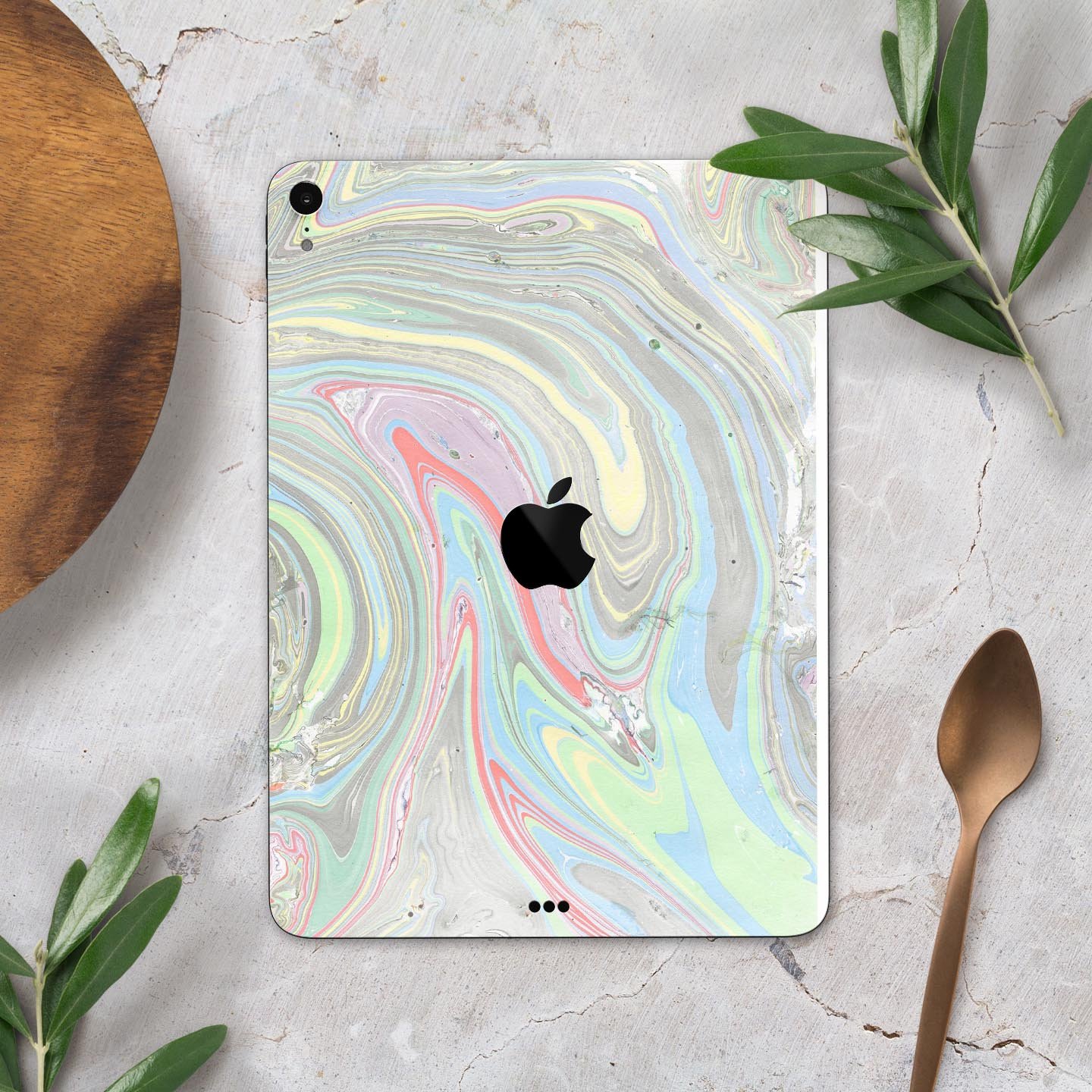 Marbleized Swirling Colors v2 skin decal for Apple devices, showcasing vibrant colors and a sleek design.