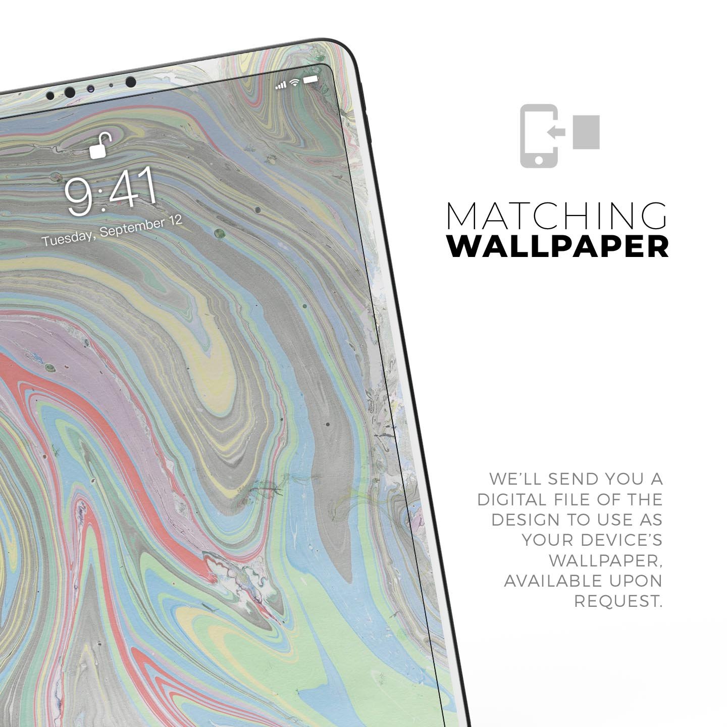 Marbleized Swirling Colors v2 skin decal for Apple devices, showcasing vibrant colors and a sleek design.