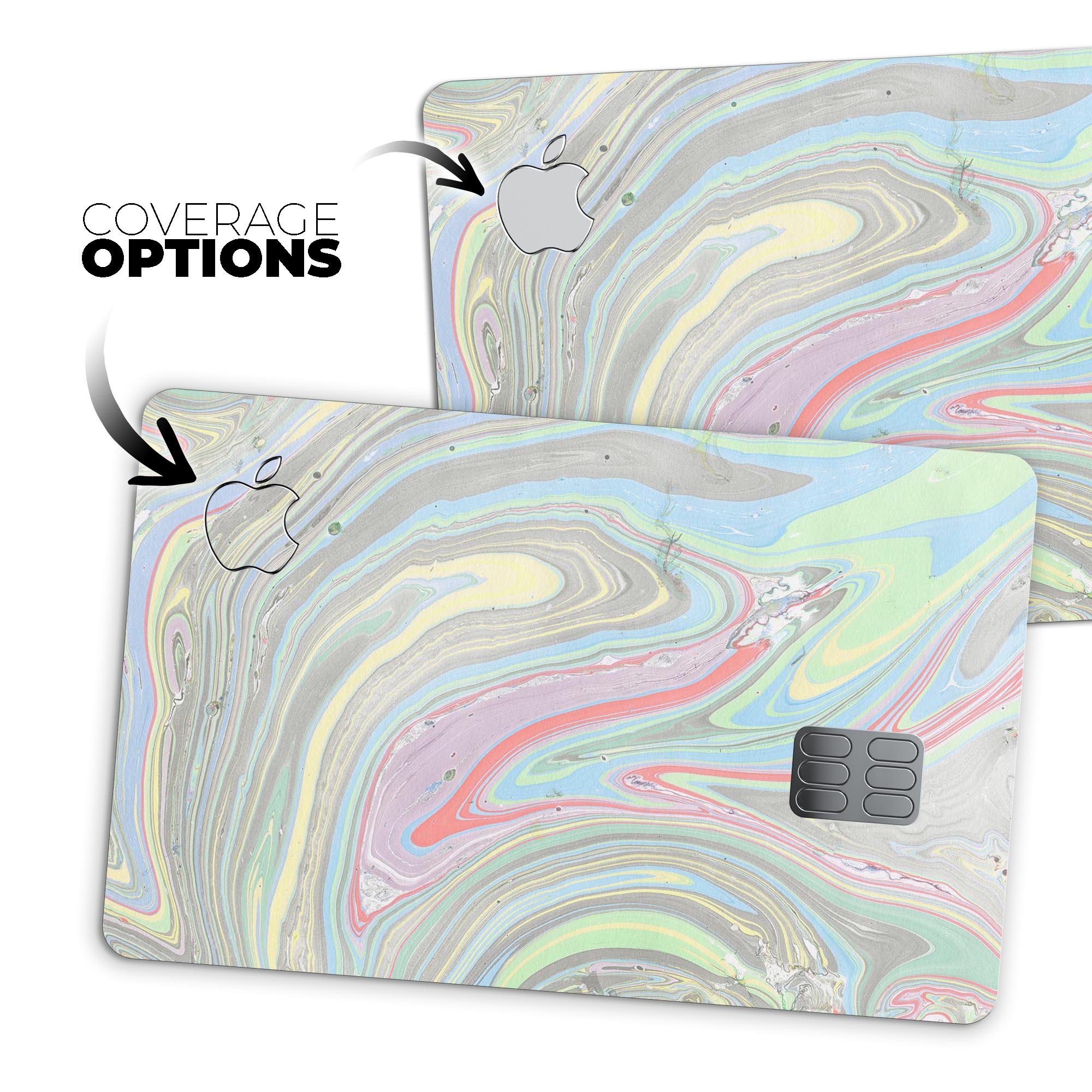 Marbleized Swirling Colors v2 decal skin for Apple Card, showcasing vibrant swirling colors and a sleek design.