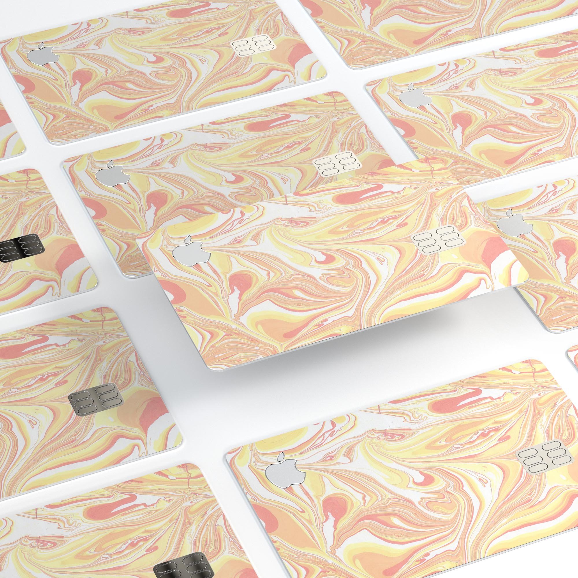 Marbleized Swirling Coral and Yellow Premium Protective Decal for Apple Card, showcasing vibrant colors and a stylish design.