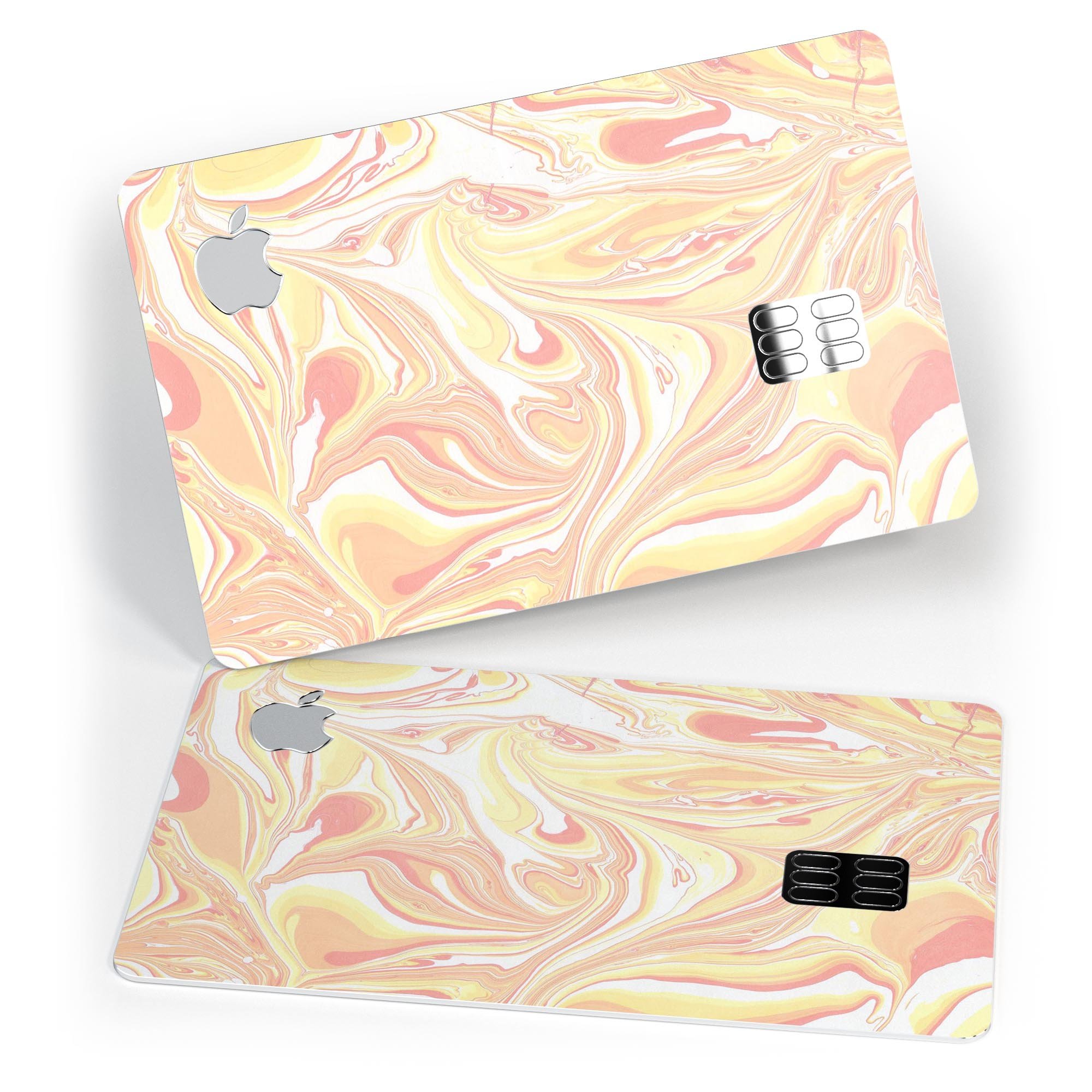 Marbleized Swirling Coral and Yellow Premium Protective Decal for Apple Card, showcasing vibrant colors and a stylish design.