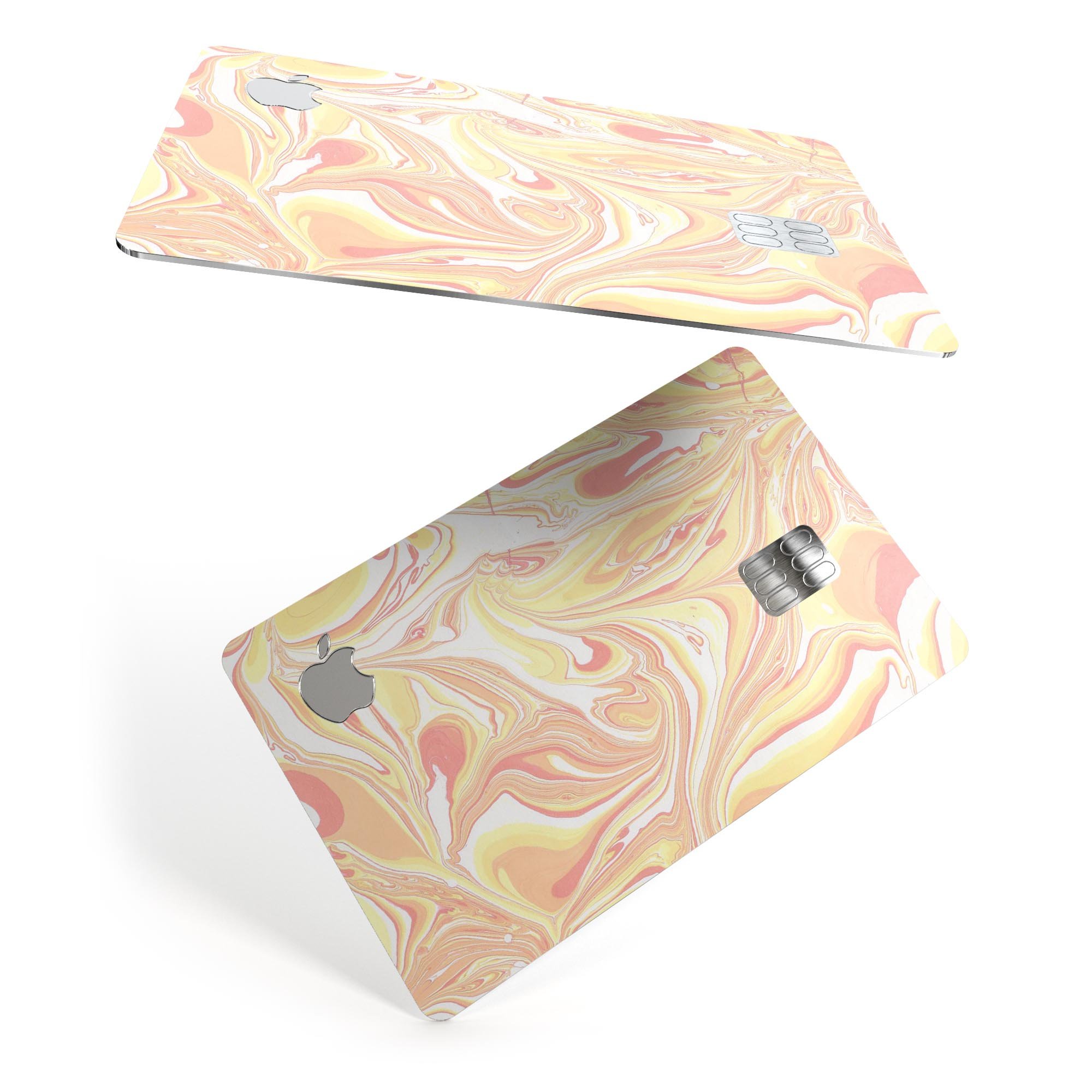 Marbleized Swirling Coral and Yellow Premium Protective Decal for Apple Card, showcasing vibrant colors and a stylish design.