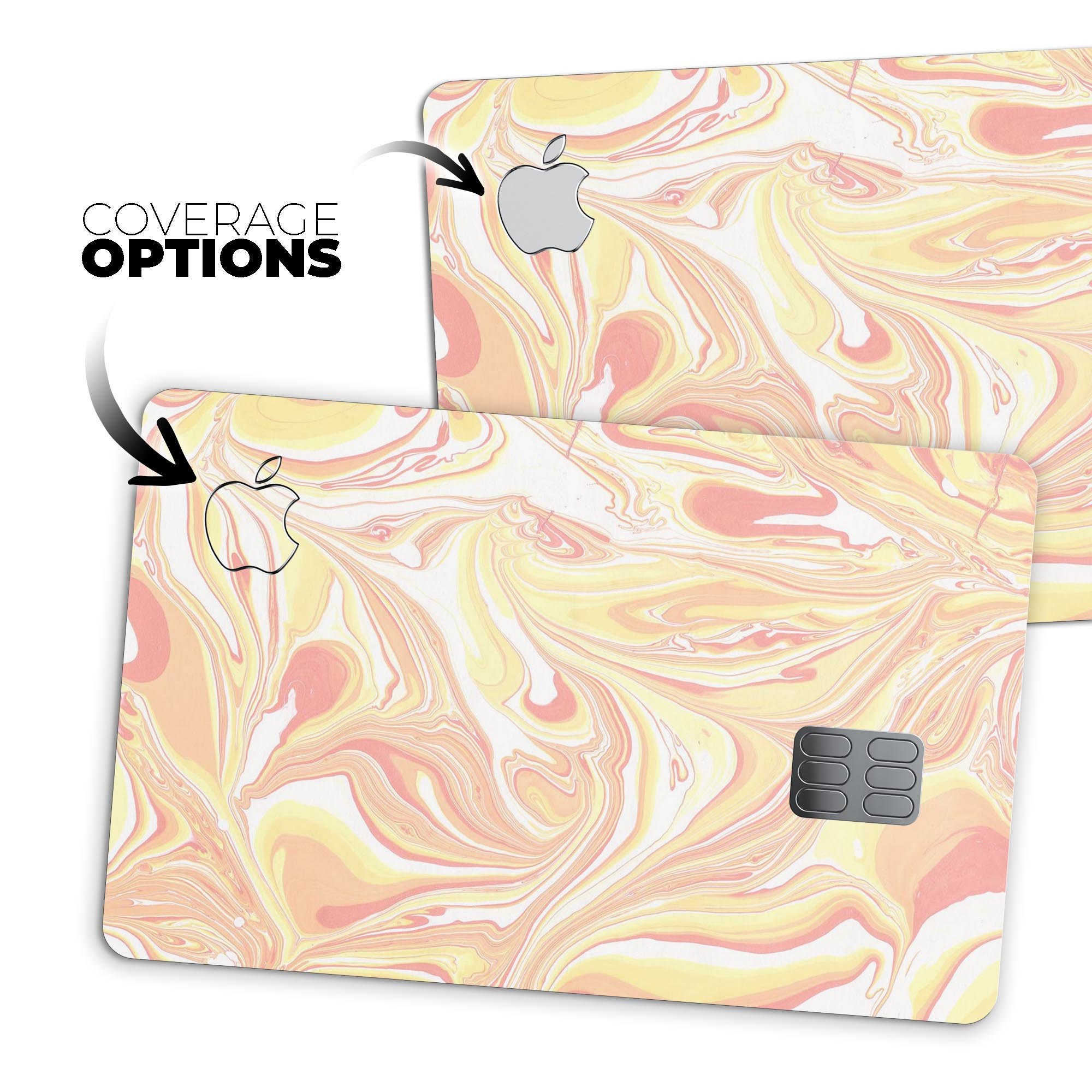 Marbleized Swirling Coral and Yellow Premium Protective Decal for Apple Card, showcasing vibrant colors and a stylish design.