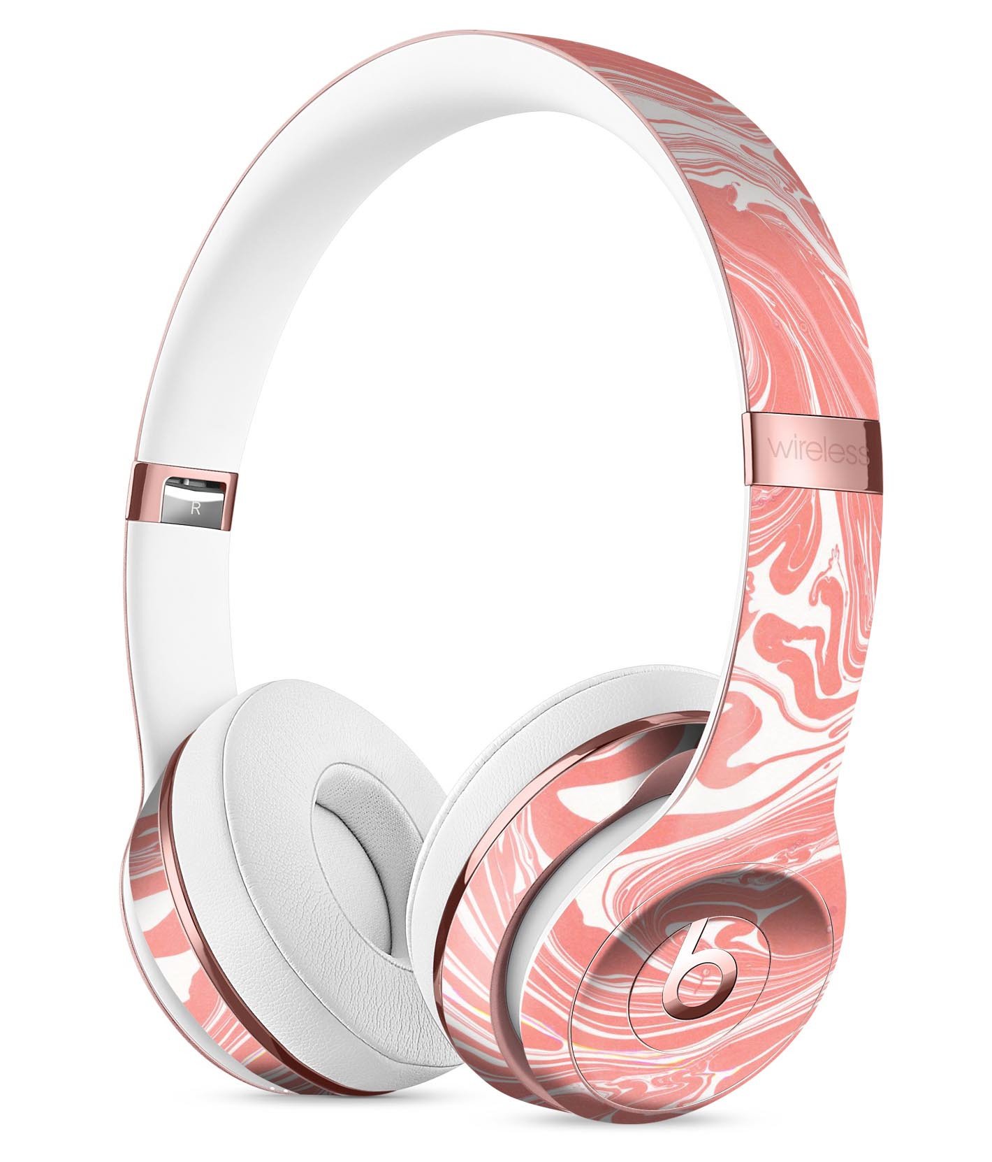 Marbleized Swirling Coral Full-Body Skin Kit for Beats by Dre Solo 3 Wireless Headphones, showcasing vibrant coral swirls on a sleek vinyl surface.