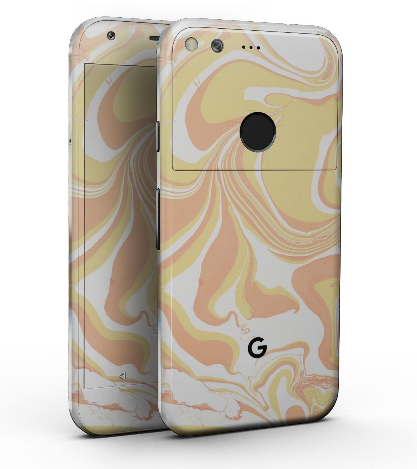 Marbleized Swirling Coral Gold Full-Body Skin Kit for Google Pixel, showcasing vibrant coral and gold swirls on a sleek surface.