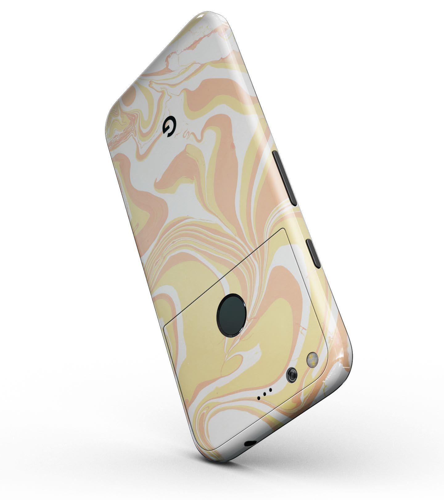 Marbleized Swirling Coral Gold Full-Body Skin Kit for Google Pixel, showcasing vibrant coral and gold swirls on a sleek surface.