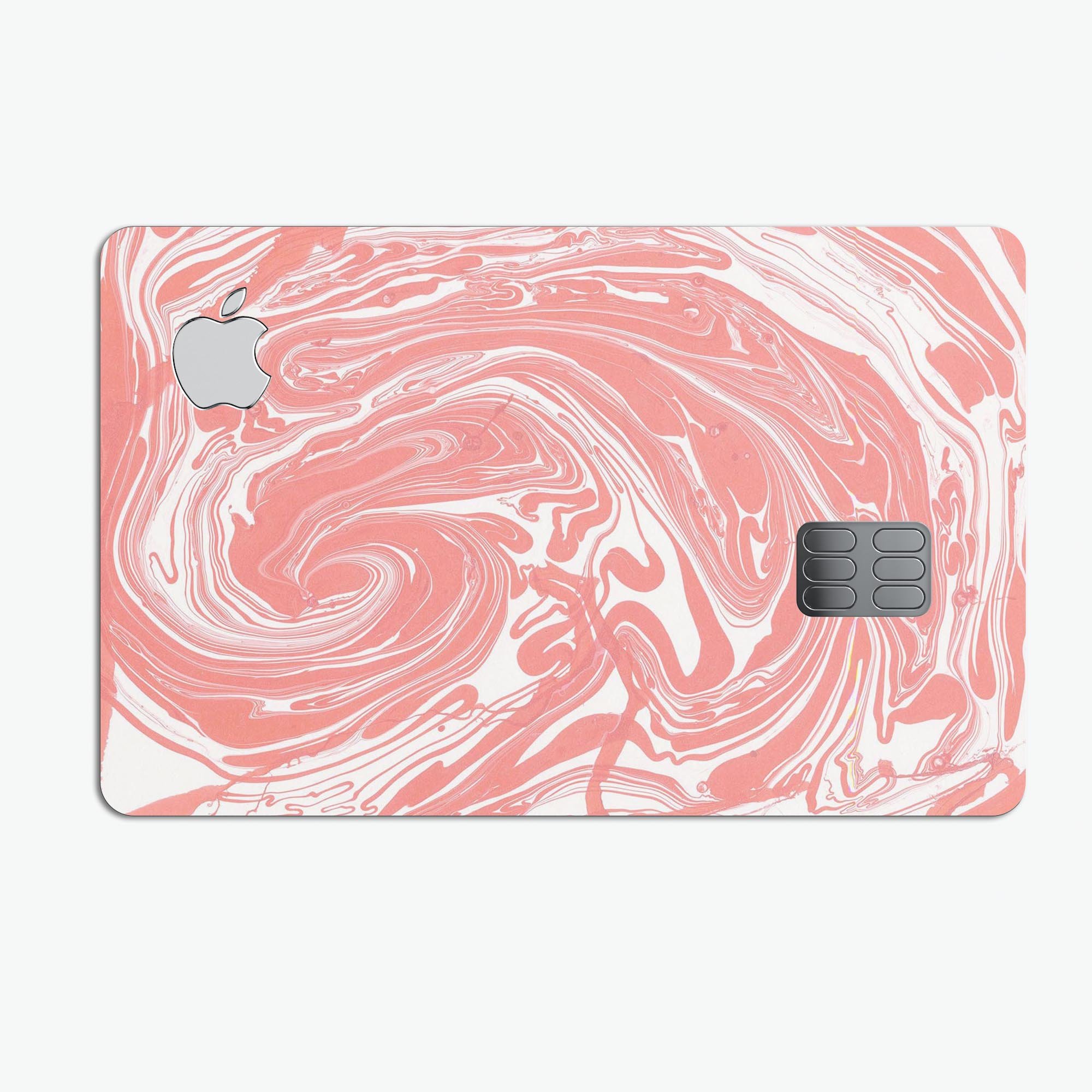 Marbleized Swirling Coral decal skin for Apple Card, showcasing vibrant colors and a protective design.