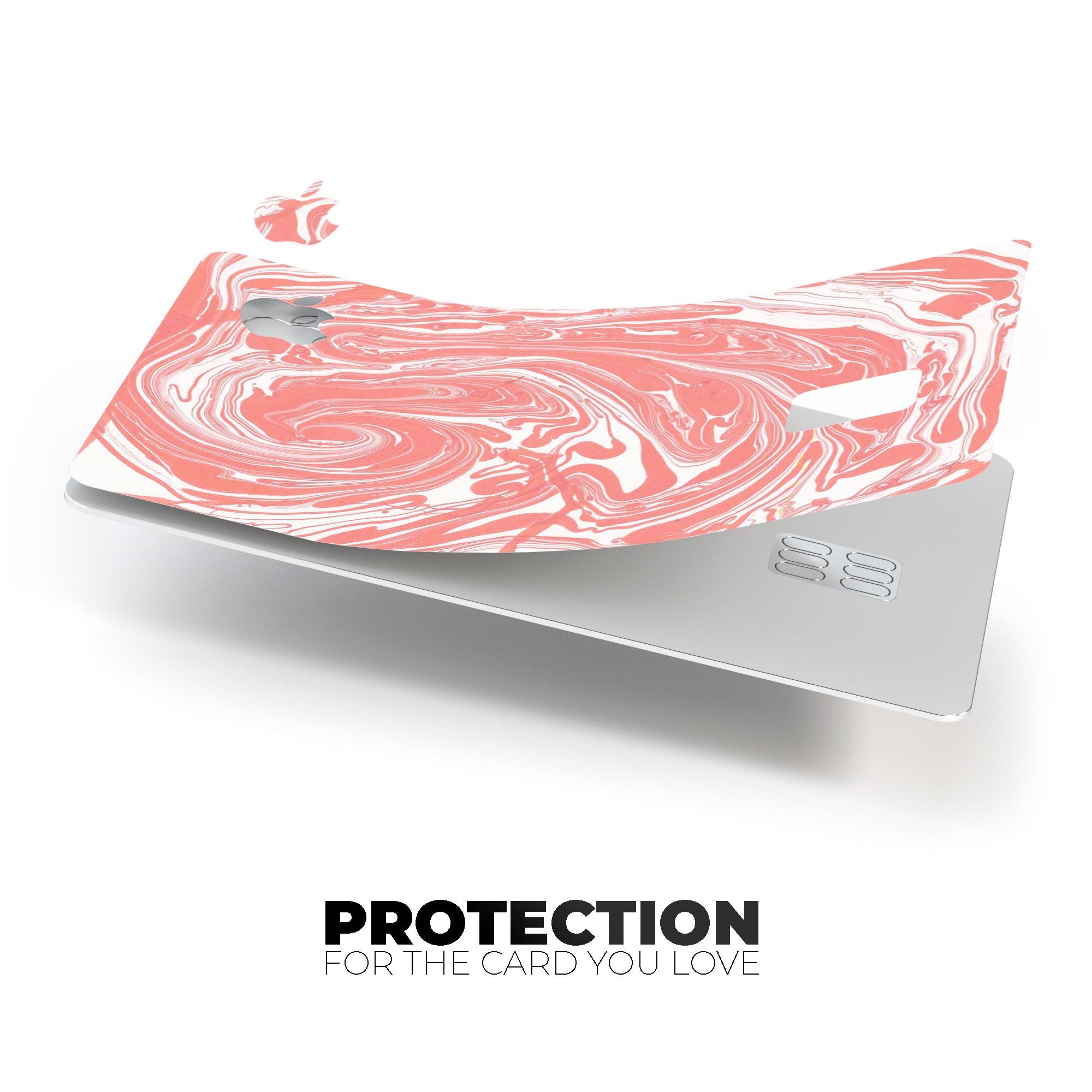 Marbleized Swirling Coral decal skin for Apple Card, showcasing vibrant colors and a protective design.