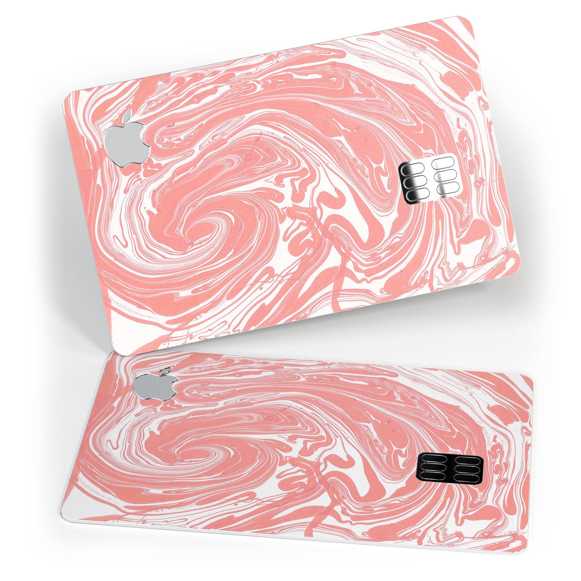 Marbleized Swirling Coral decal skin for Apple Card, showcasing vibrant colors and a protective design.