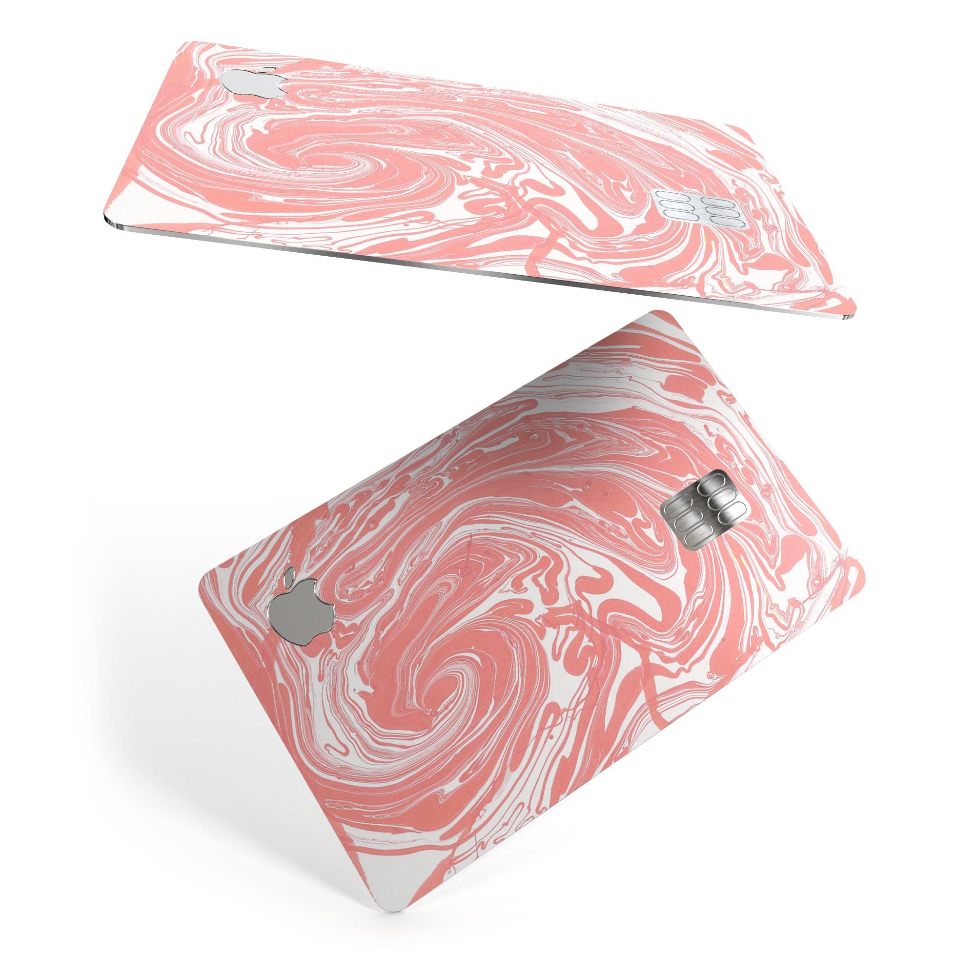 Marbleized Swirling Coral decal skin for Apple Card, showcasing vibrant colors and a protective design.