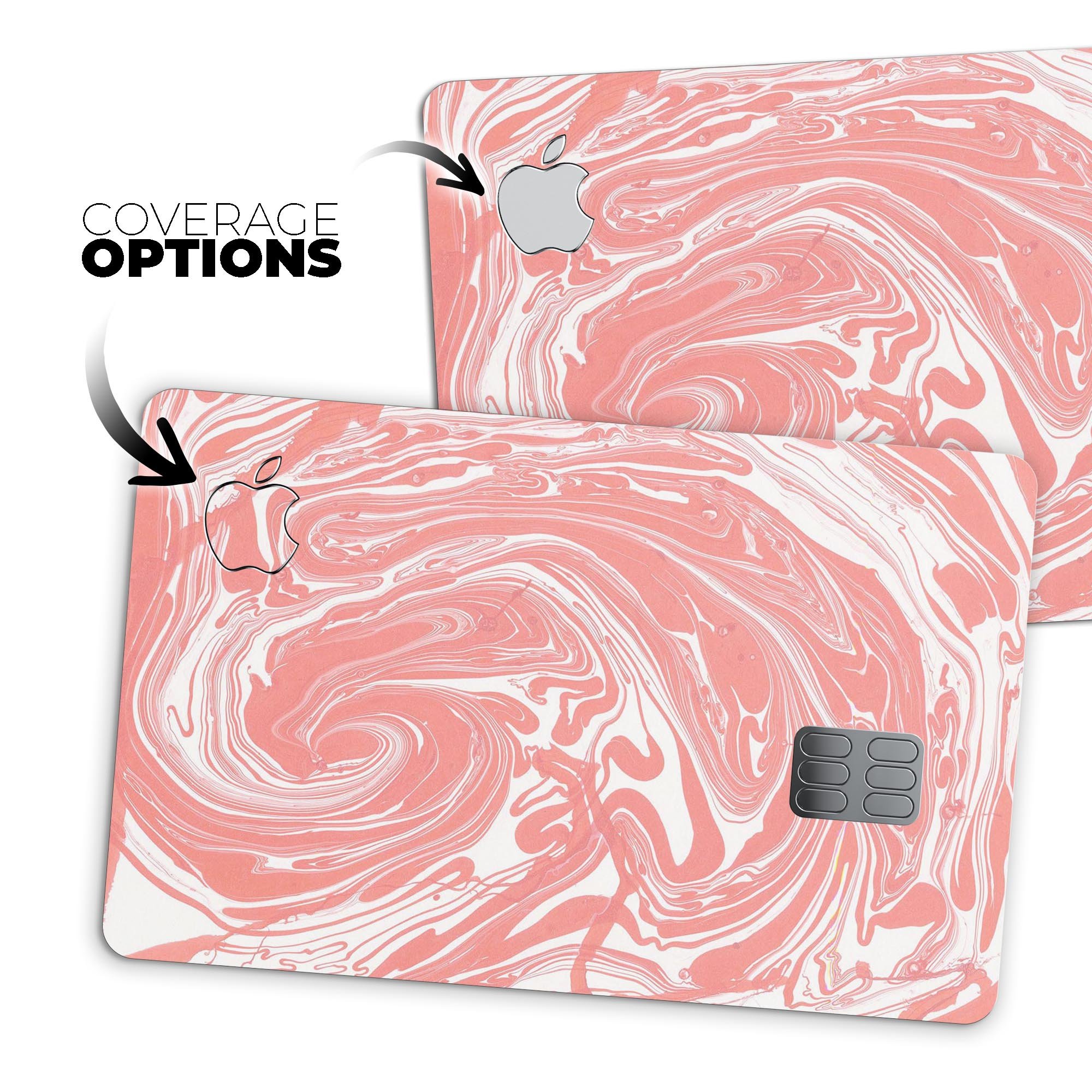 Marbleized Swirling Coral decal skin for Apple Card, showcasing vibrant colors and a protective design.