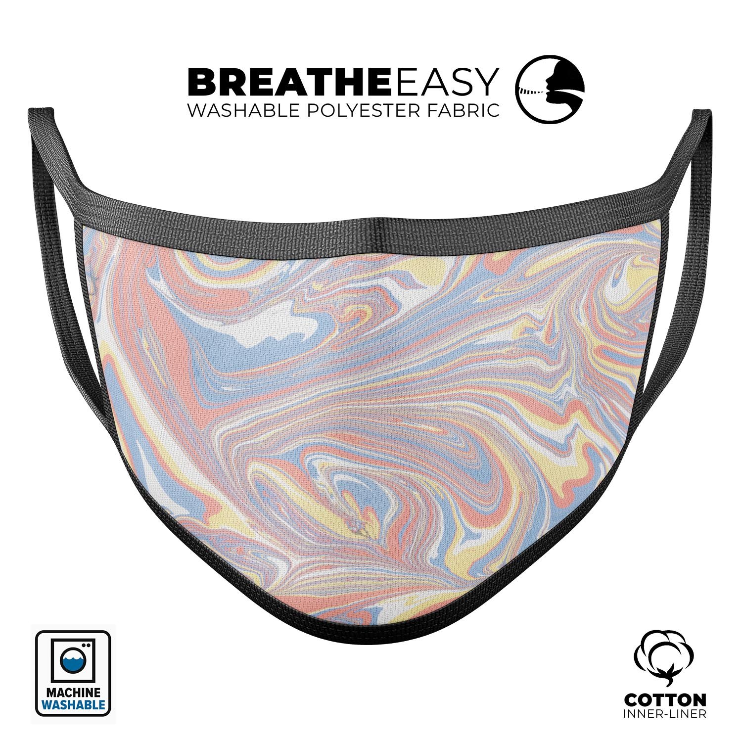 Marbleized Swirling Fun Coral face mask, showcasing vibrant colors and adjustable ear loops, made from soft cotton and memory foam.