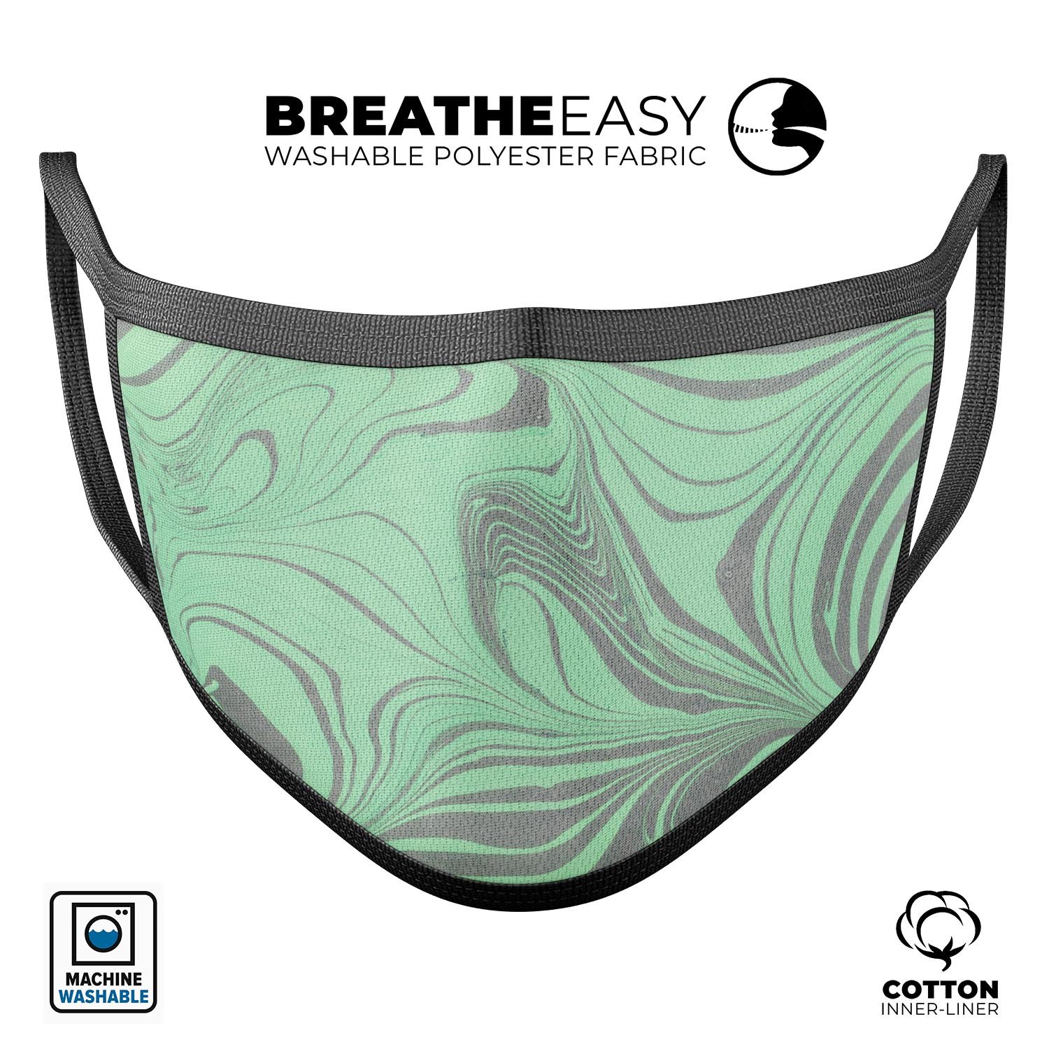 Marbleized Swirling Green and Gray unisex mouth cover, showcasing a unique design with adjustable ear loops.