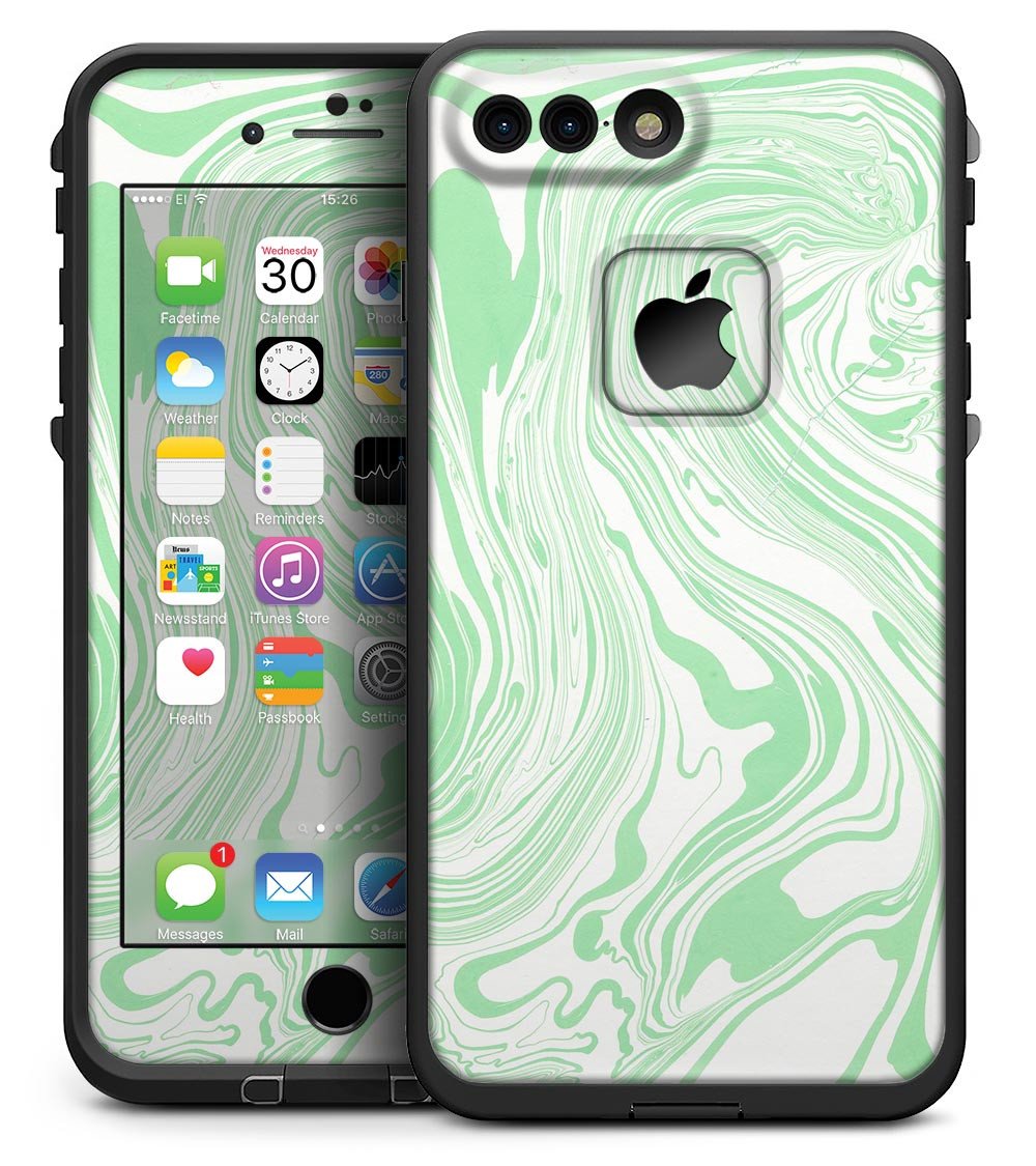 Marbleized Swirling Green skin kit for iPhone 7 Plus LifeProof Fre Case, showcasing vibrant colors and premium vinyl material.