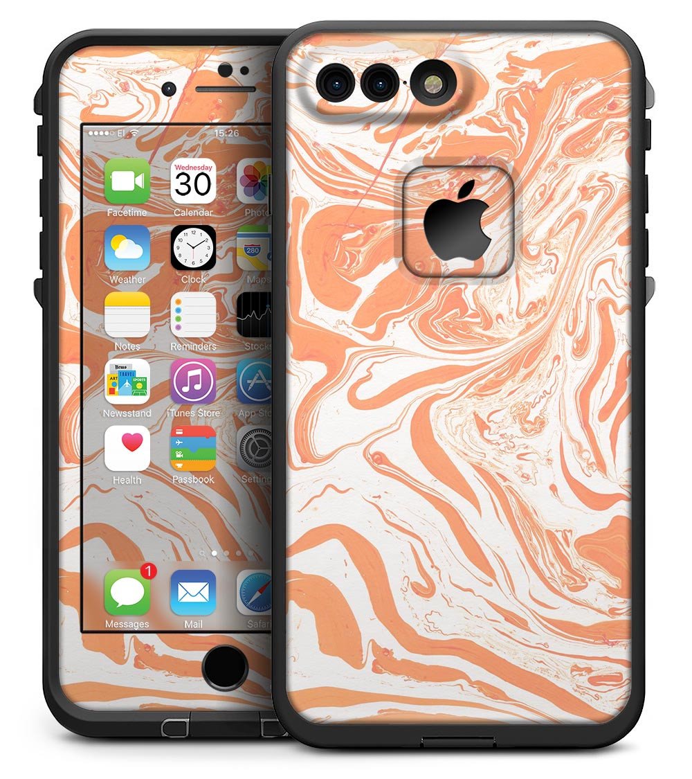 Marbleized Swirling Orange skin kit for iPhone 7 Plus LifeProof Fre Case, showcasing vibrant orange swirls on a sleek vinyl surface.