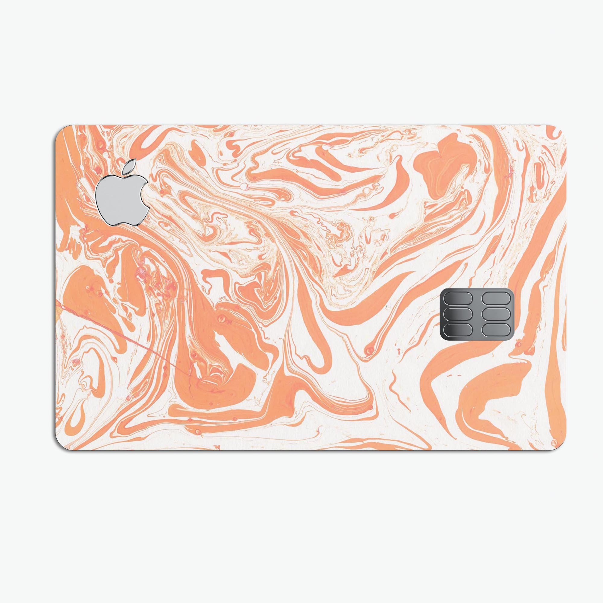 Marbleized Swirling Orange Premium Protective Decal Skin-Kit for Apple Card, showcasing vibrant colors and sleek design.