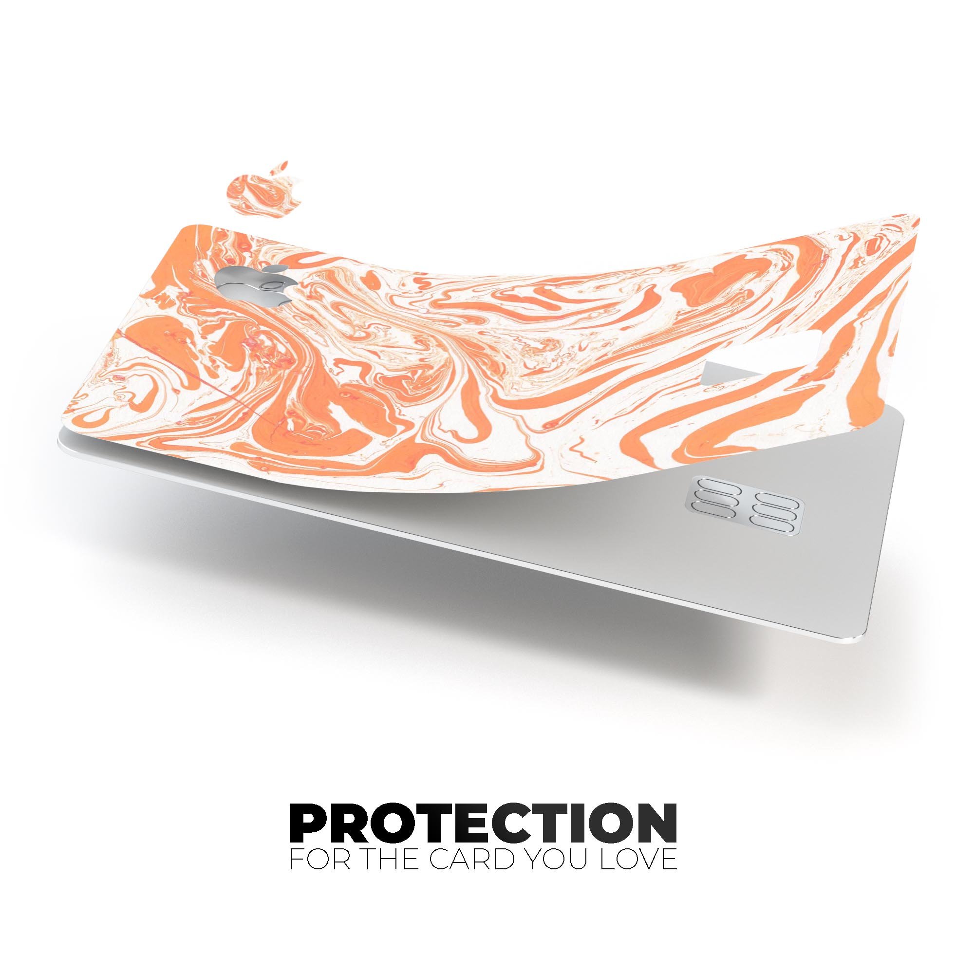 Marbleized Swirling Orange Premium Protective Decal Skin-Kit for Apple Card, showcasing vibrant colors and sleek design.