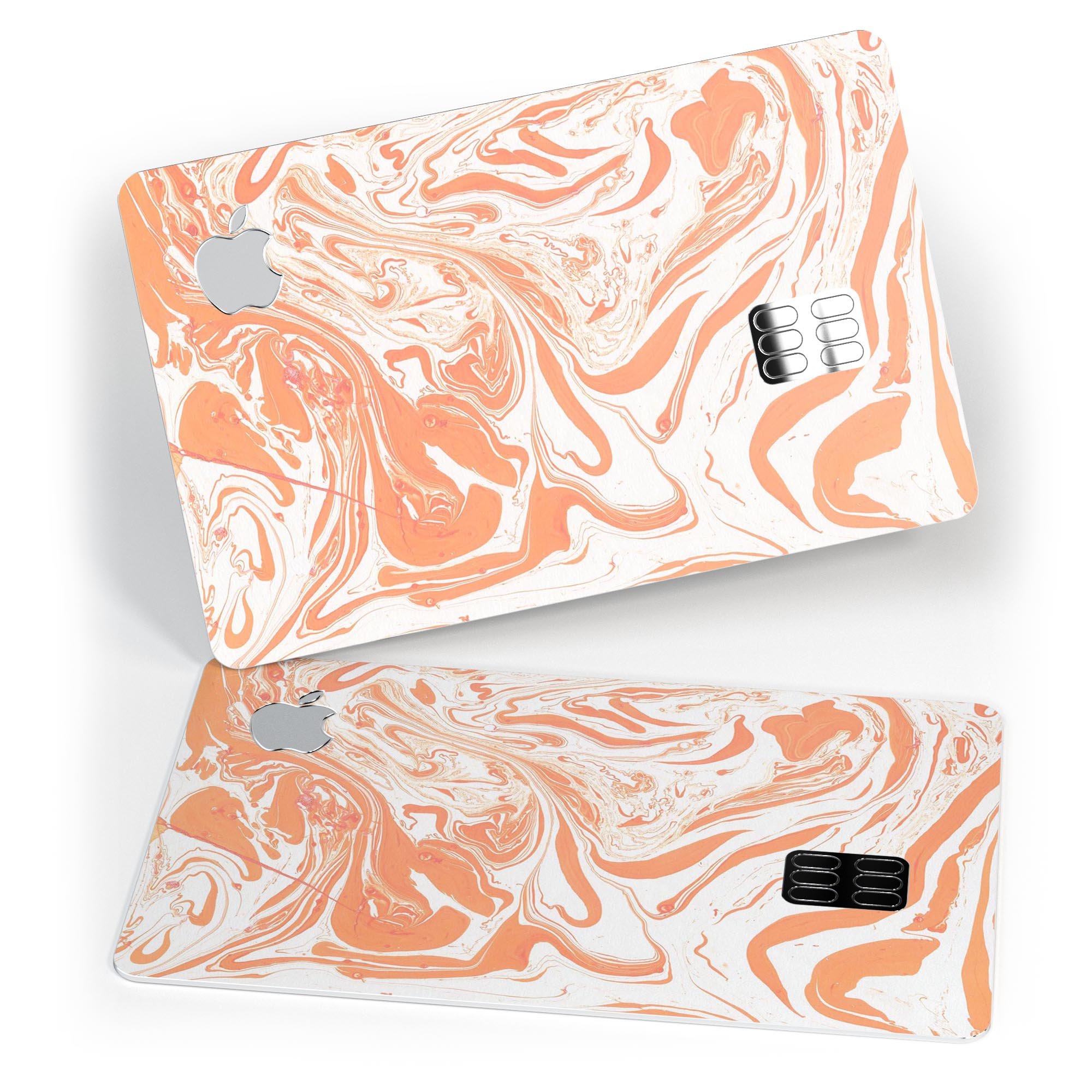 Marbleized Swirling Orange Premium Protective Decal Skin-Kit for Apple Card, showcasing vibrant colors and sleek design.