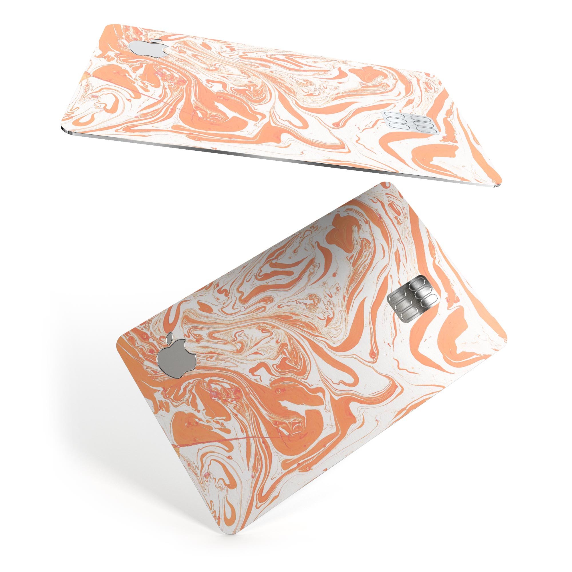 Marbleized Swirling Orange Premium Protective Decal Skin-Kit for Apple Card, showcasing vibrant colors and sleek design.