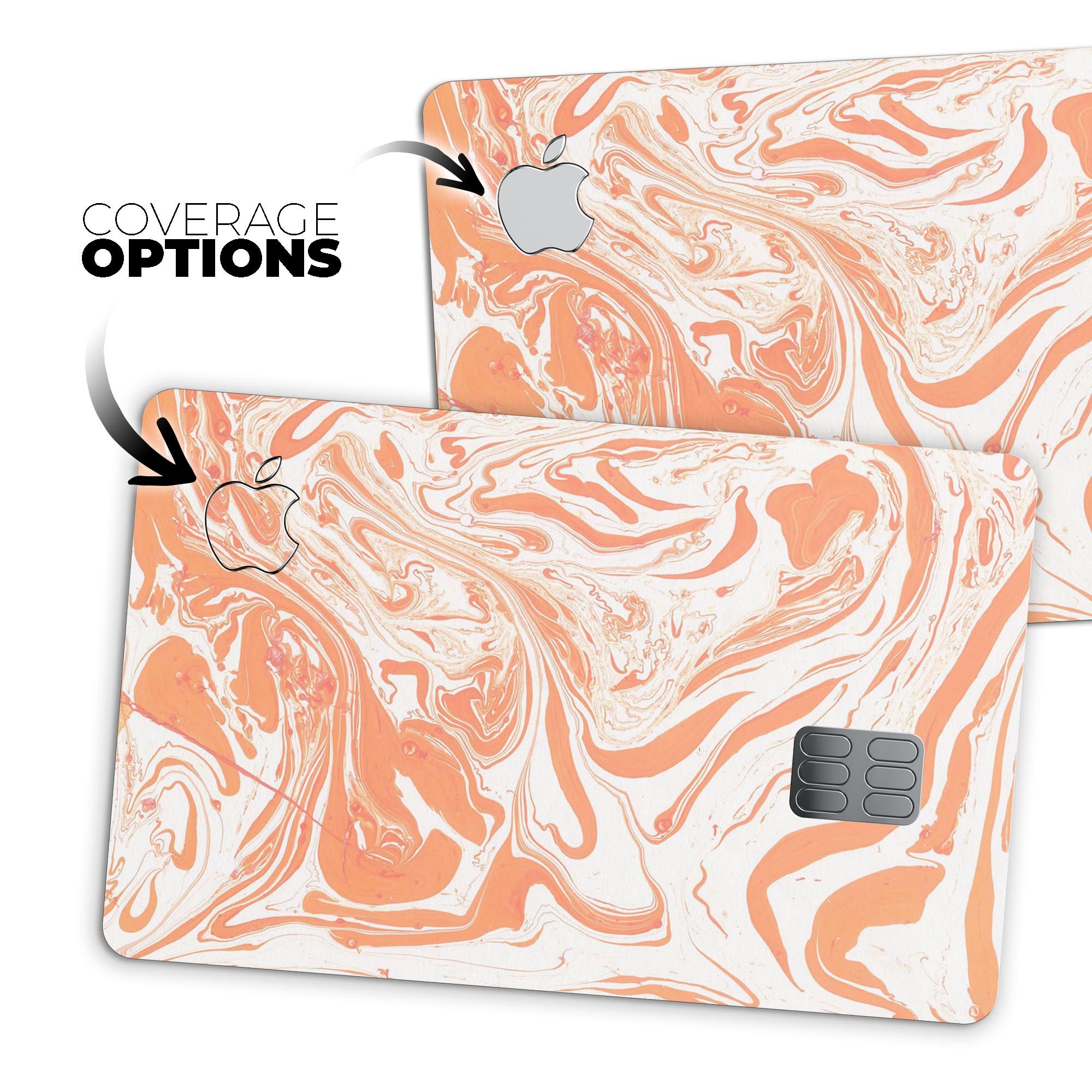 Marbleized Swirling Orange Premium Protective Decal Skin-Kit for Apple Card, showcasing vibrant colors and sleek design.