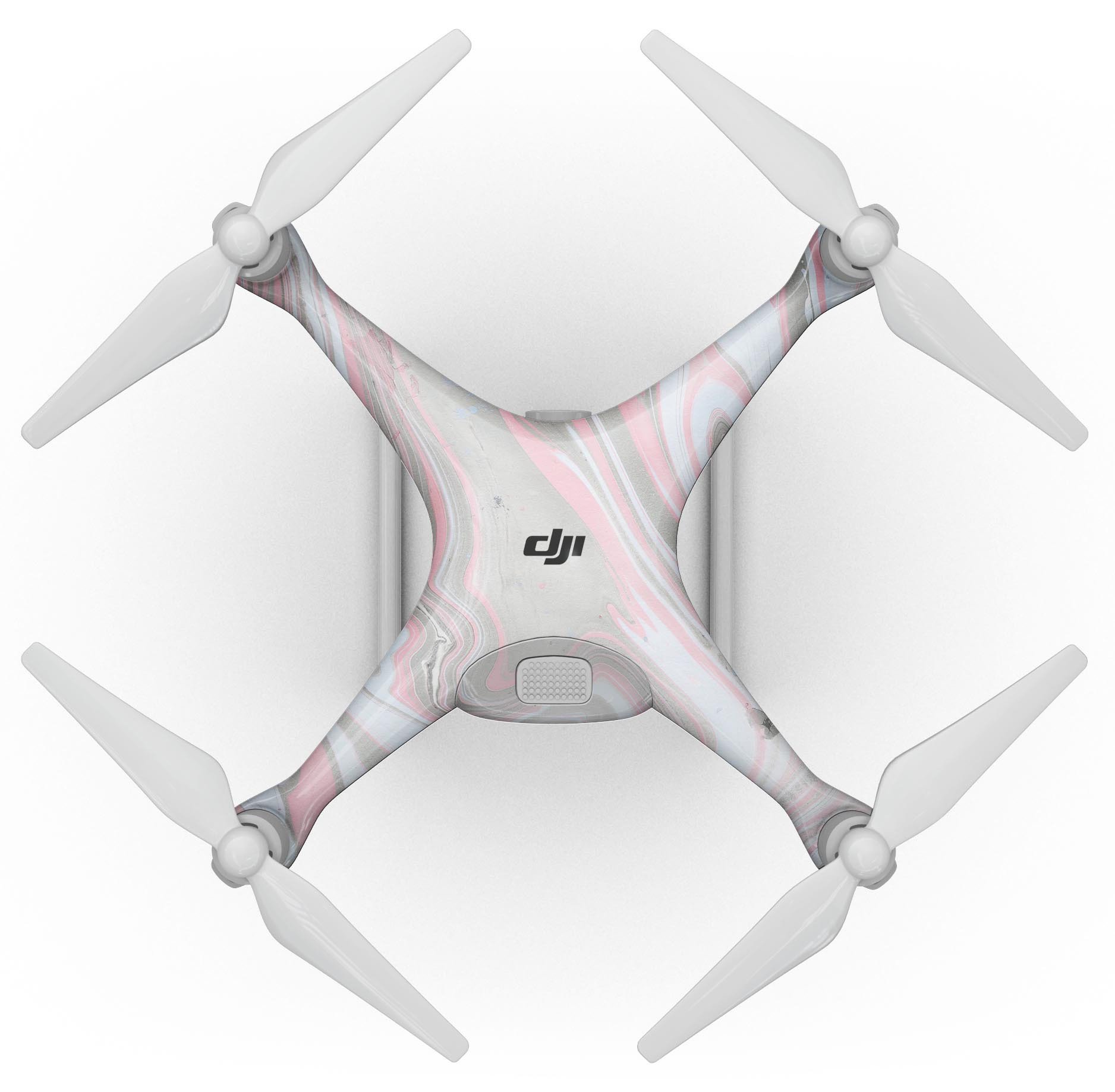 Marbleized Swirling Pink and Gray Full-Body Skin Kit for DJI Phantom 4 Drone, showcasing its unique design and protective features.