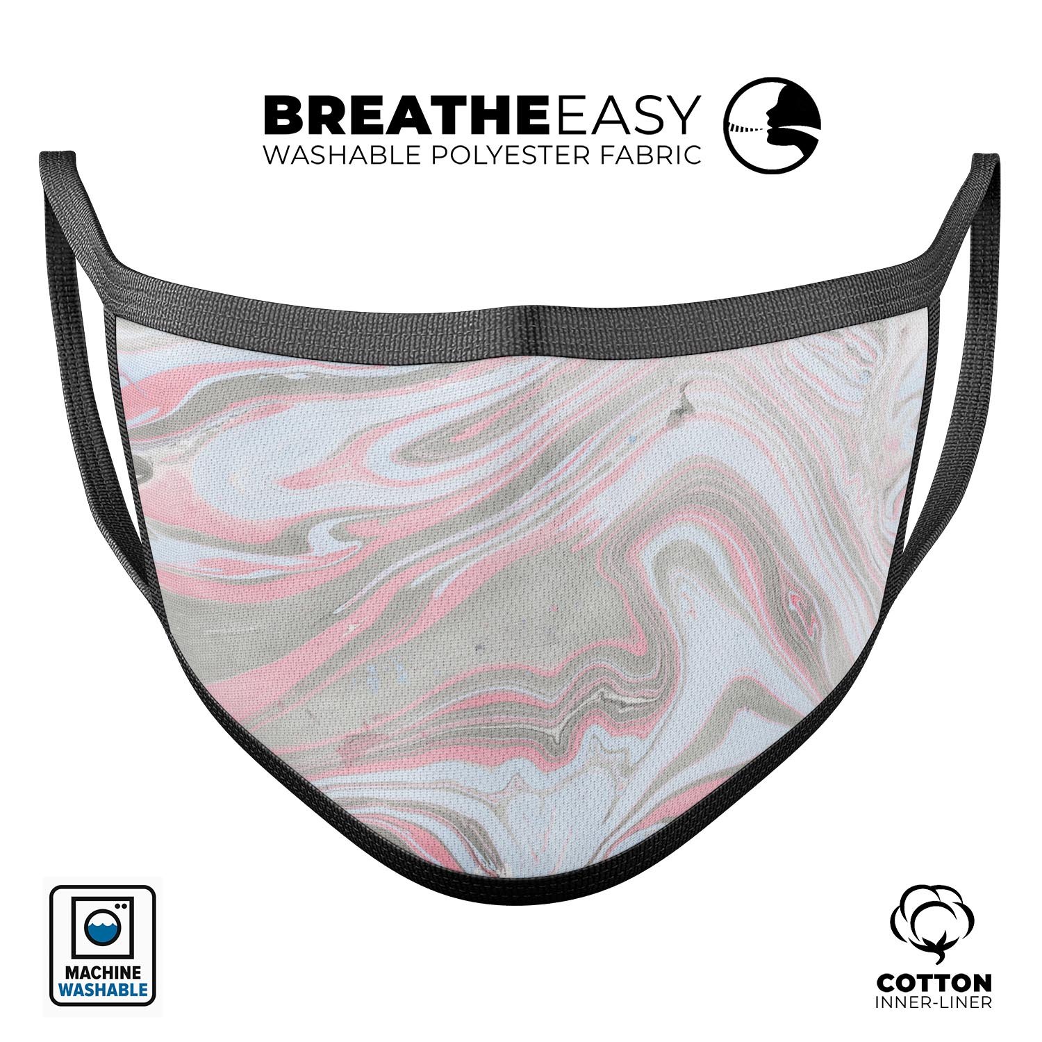 Marbleized Swirling Pink and Gray unisex mouth cover, showcasing a stylish design with adjustable ear loops for a comfortable fit.