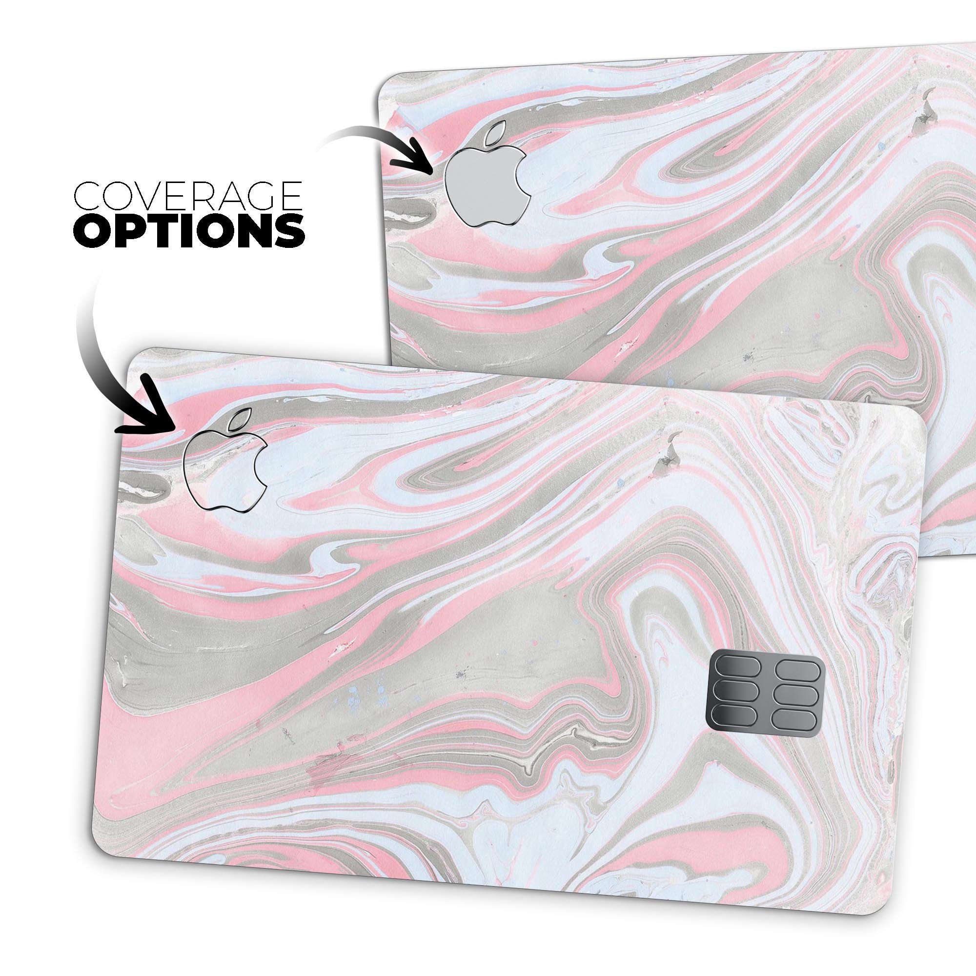 Marbleized Swirling Pink and Gray decal skin for Apple Card, showcasing a stylish design with premium vinyl protection.