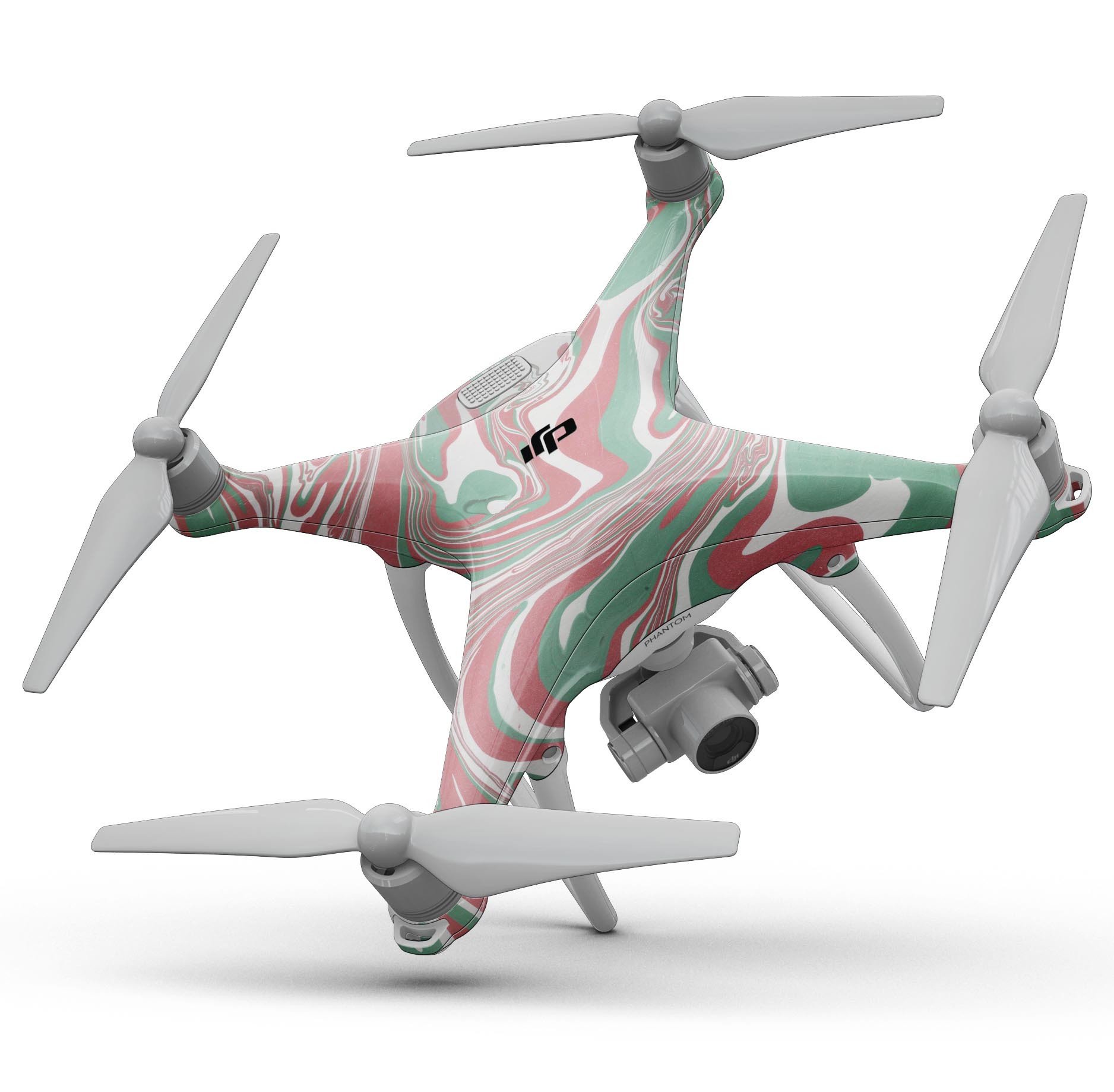 Marbleized Swirling Pink and Green Full-Body Skin Kit for DJI Phantom 4 Drone, showcasing vibrant colors and unique design.